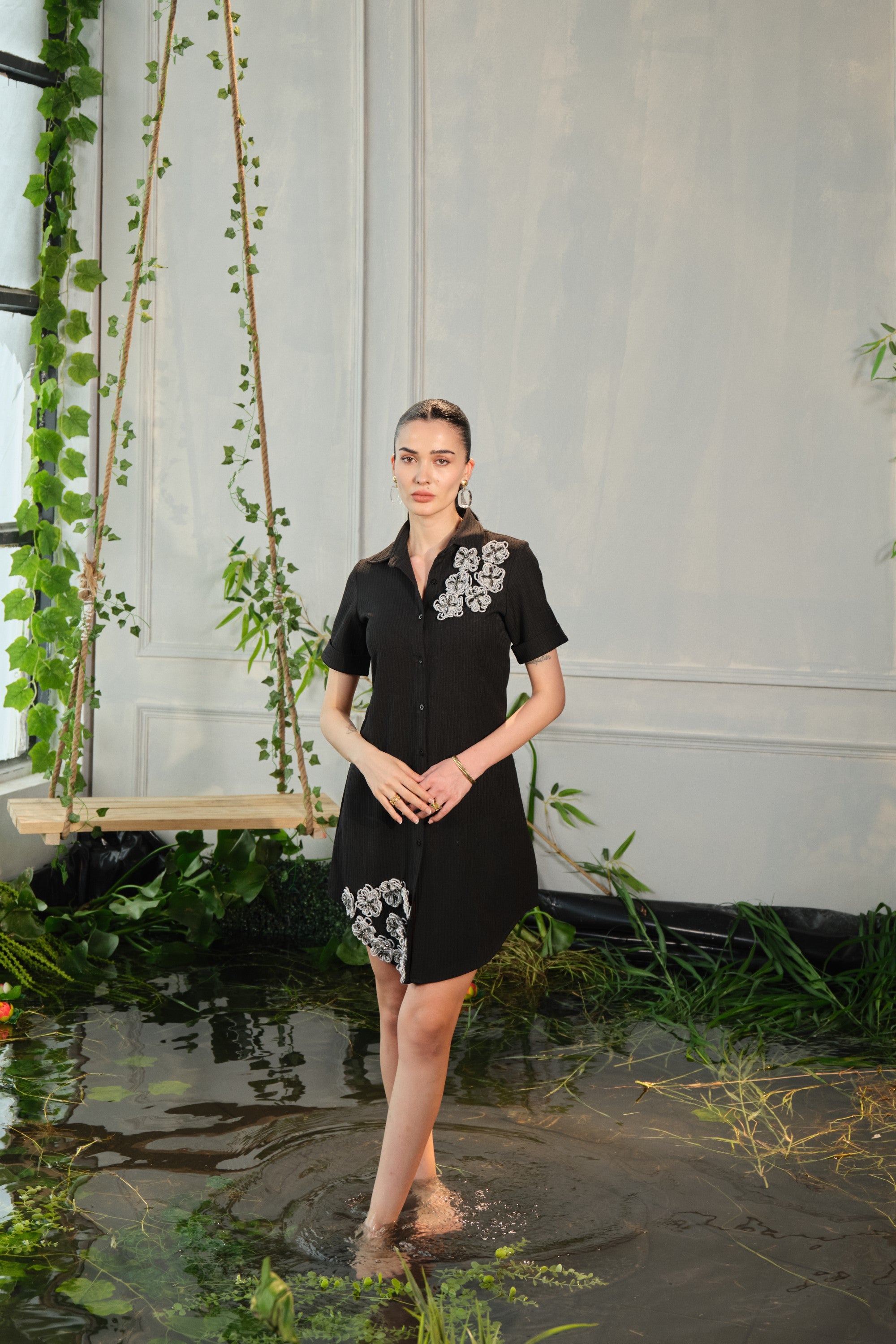 caia diamond flower motif shirt dress - black