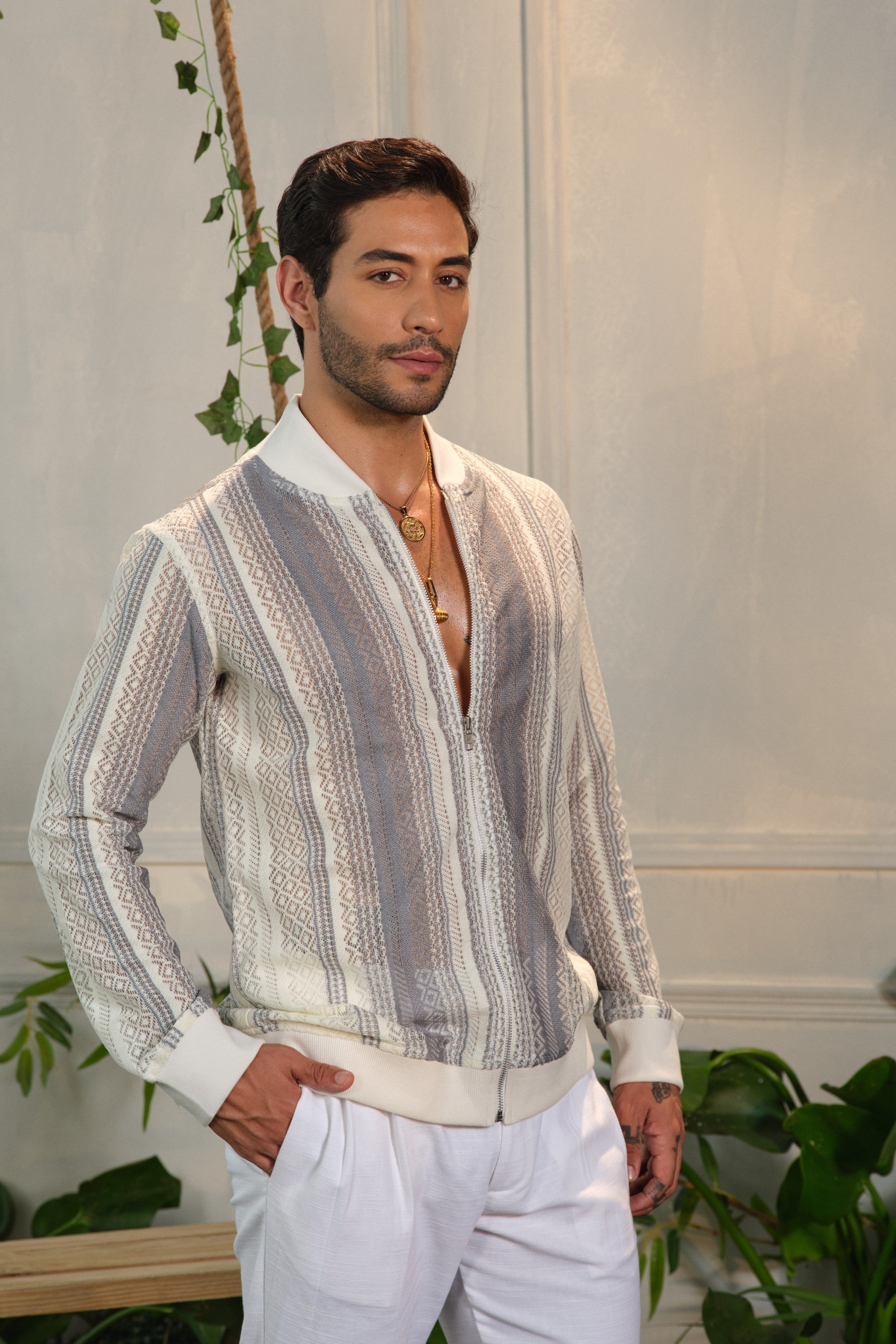 caia bomber jacket with linen pants