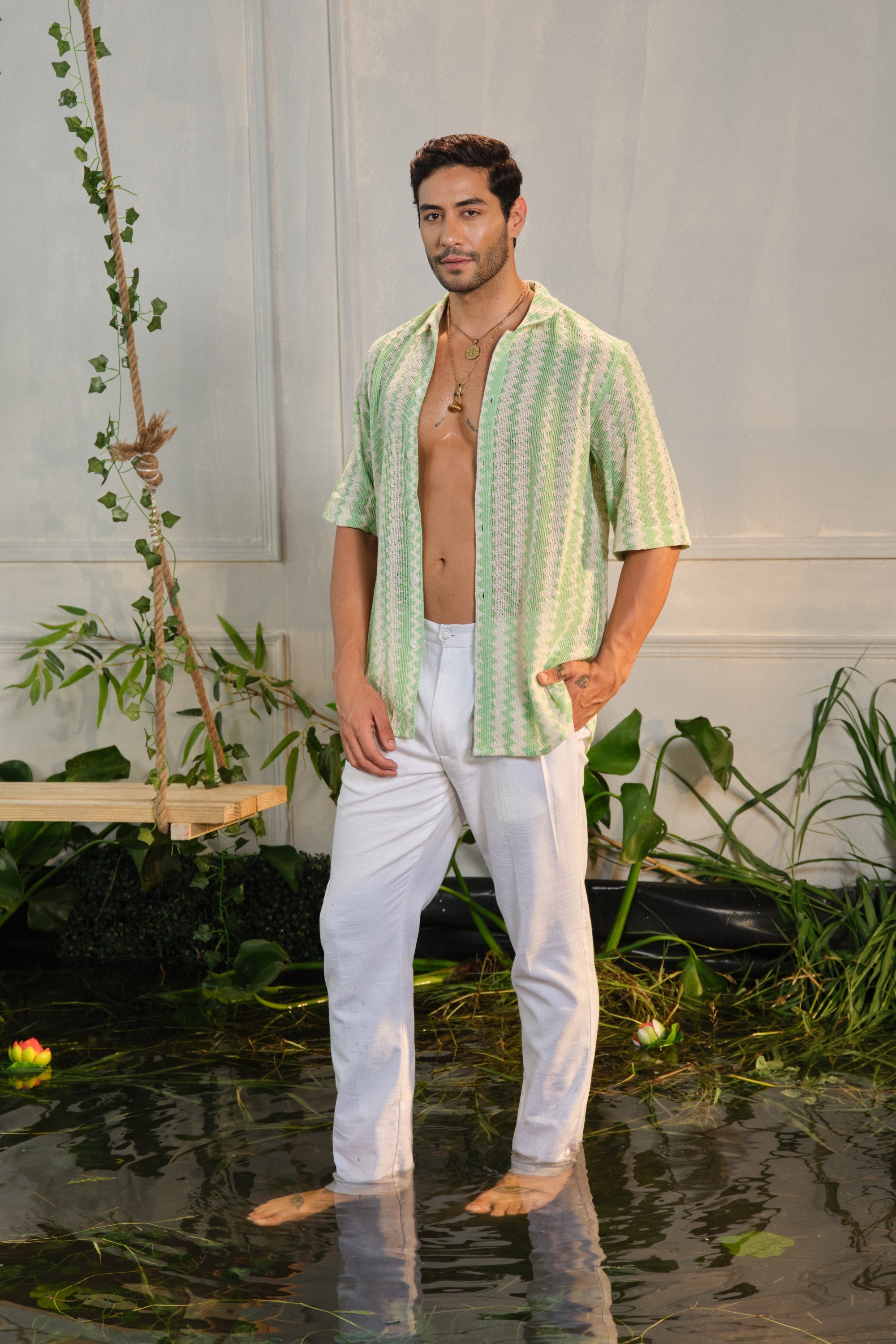 pastel green crochet textured shirt