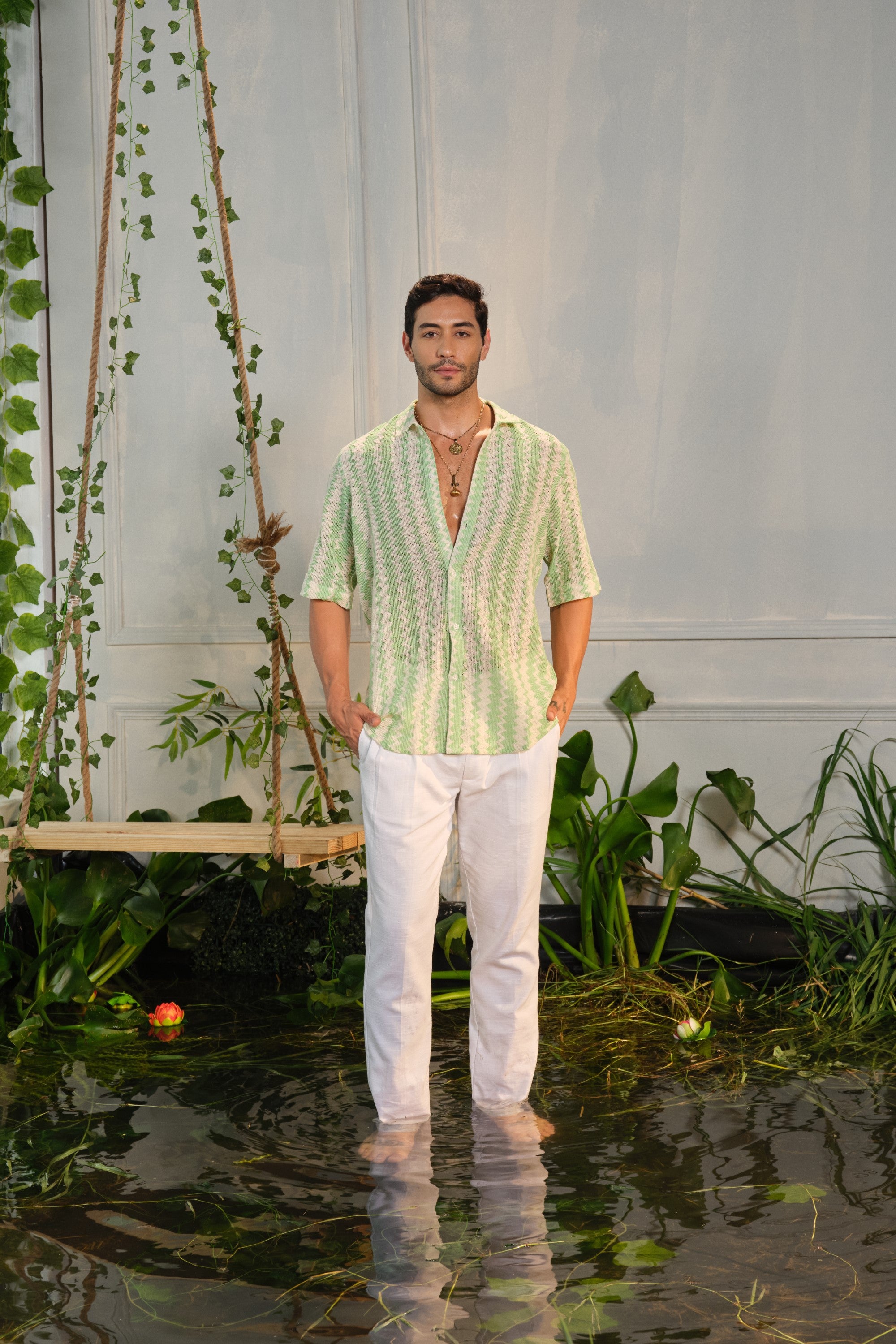 pastel green crochet textured shirt