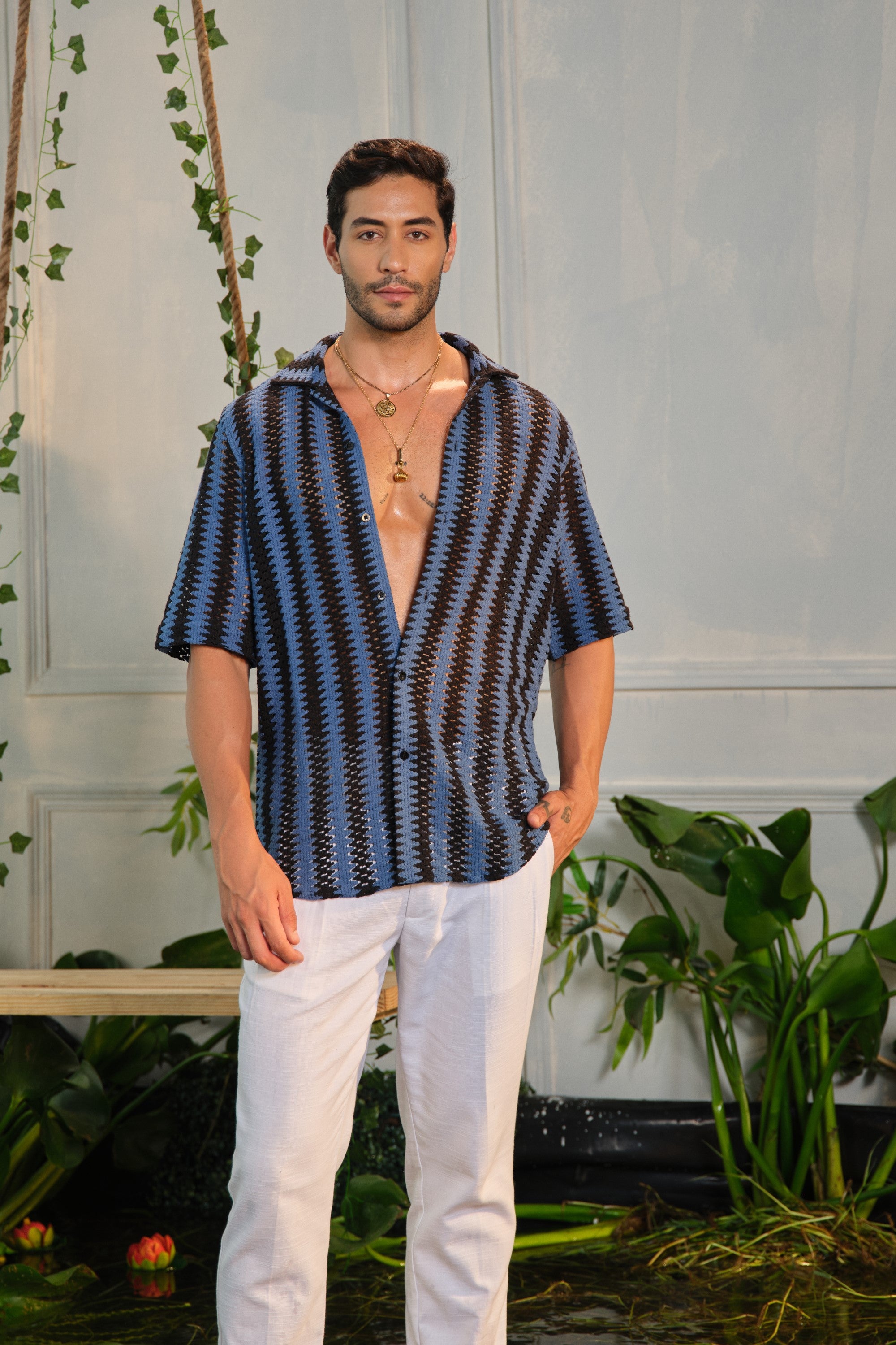 zel blue black crochet shirt