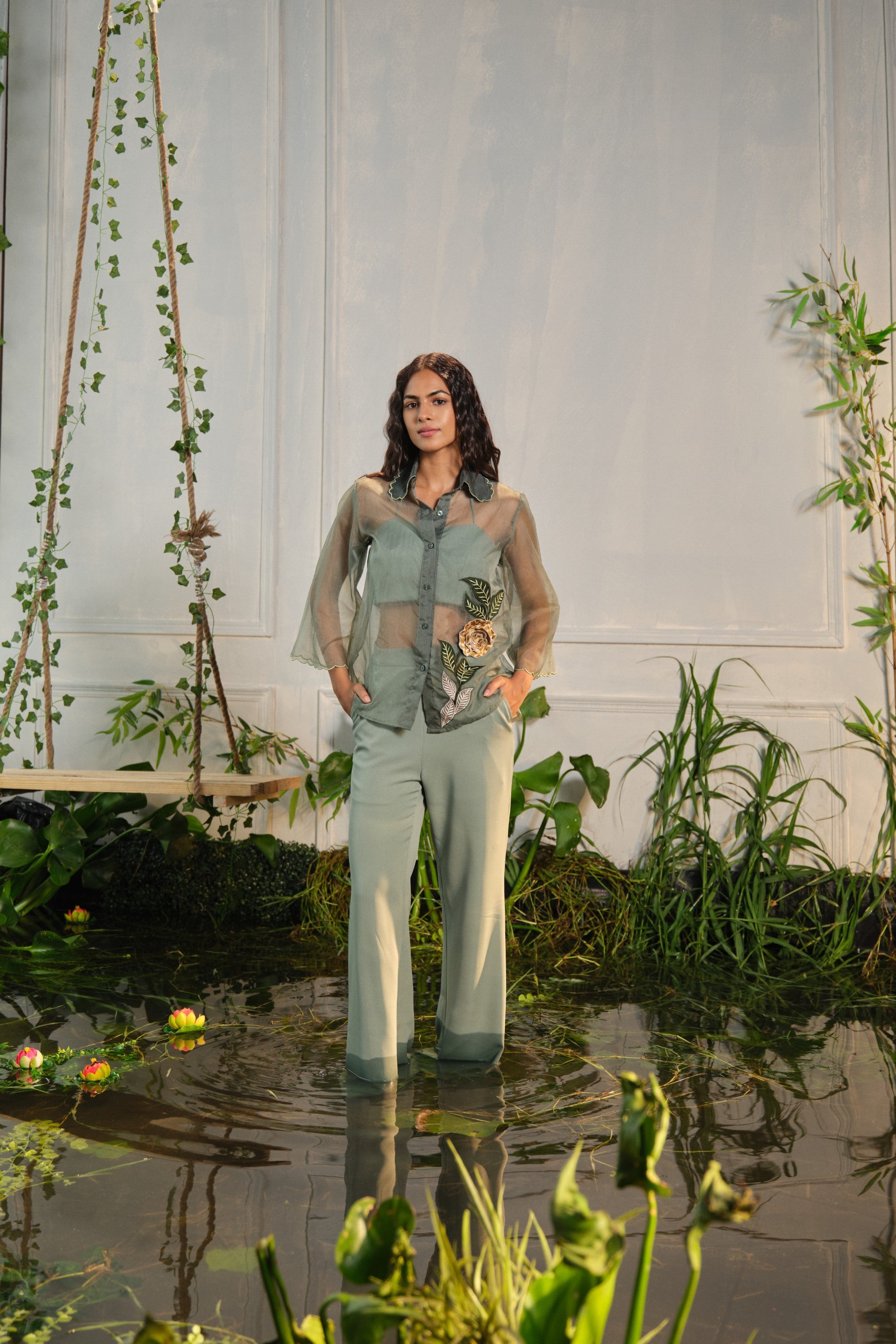 saga green flower emborider shirt paired with pants & busiter