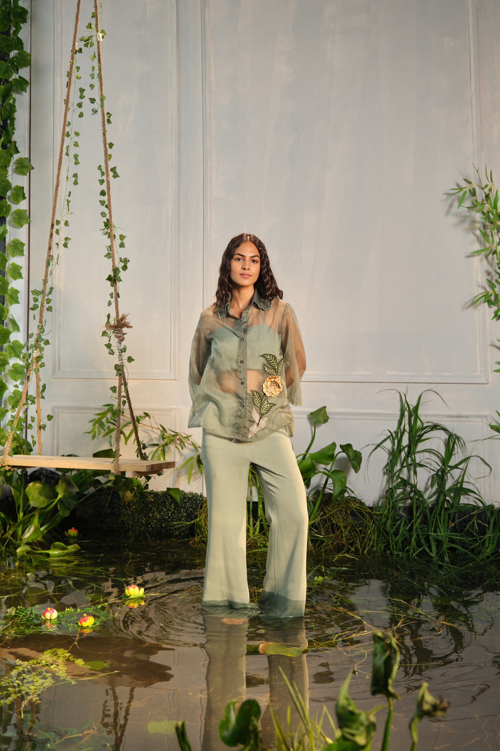 saga green flower emborider shirt paired with pants & busiter