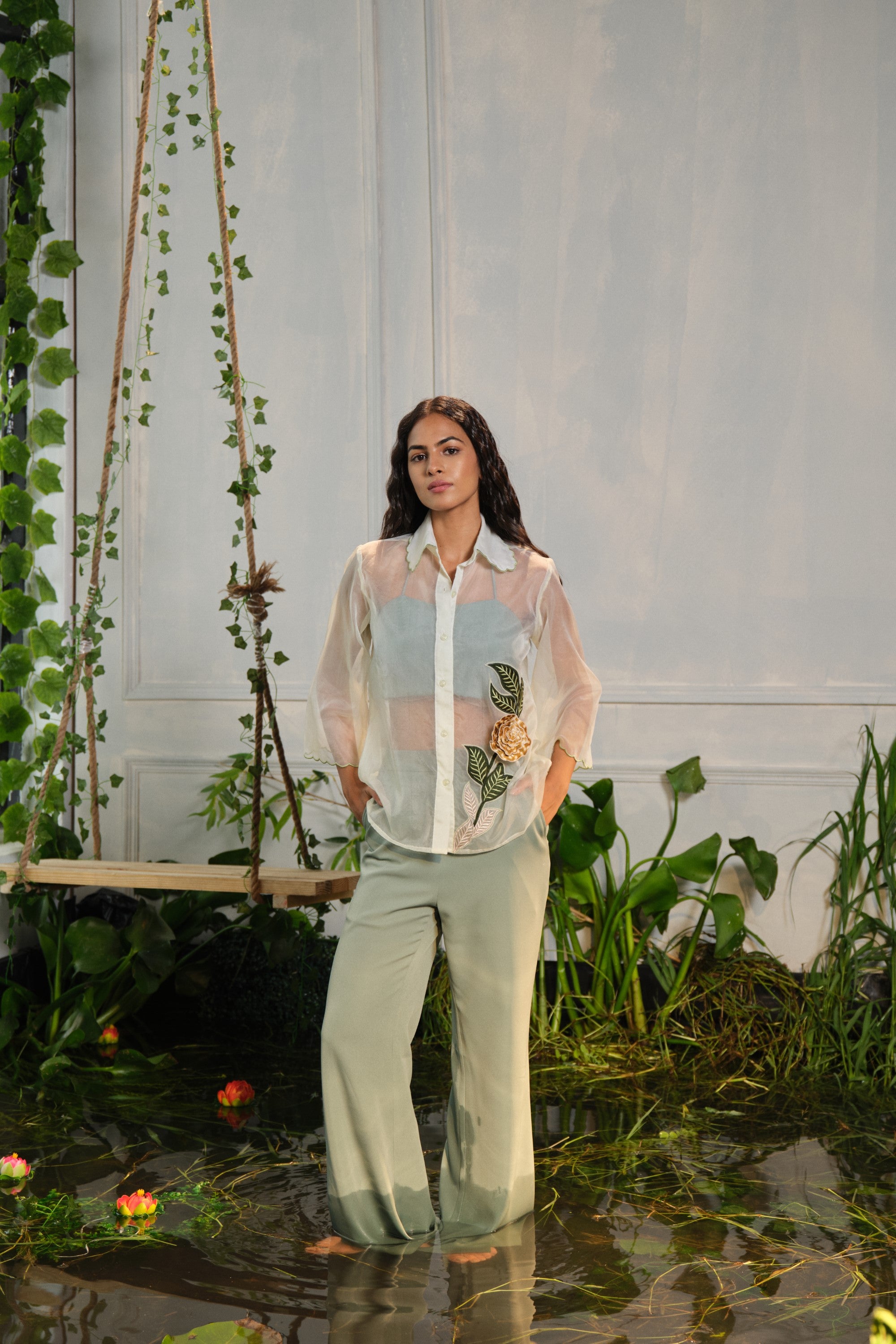 saga yellow flower emborider shirt paired with pants & busiter