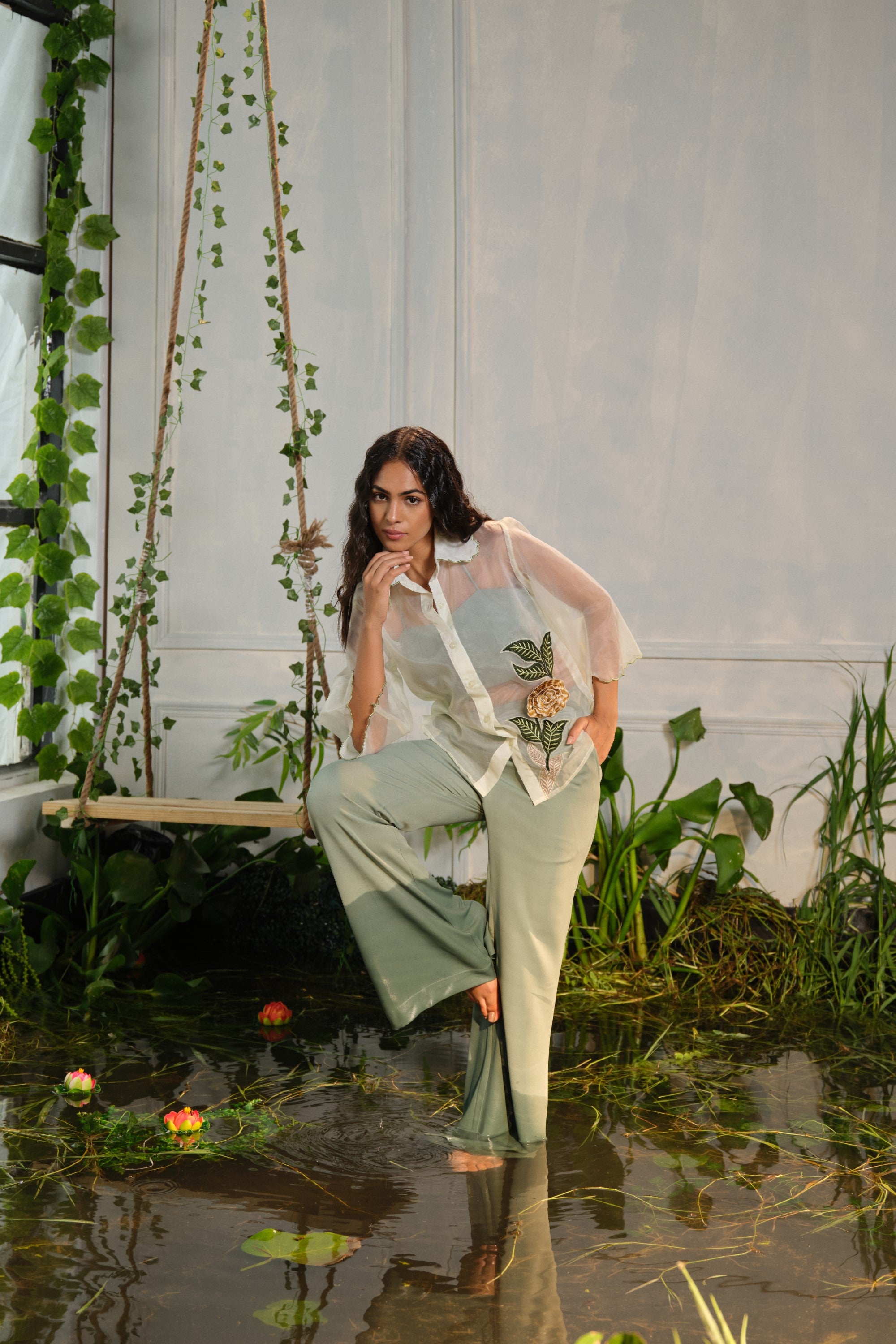 saga yellow flower emborider shirt paired with pants & busiter