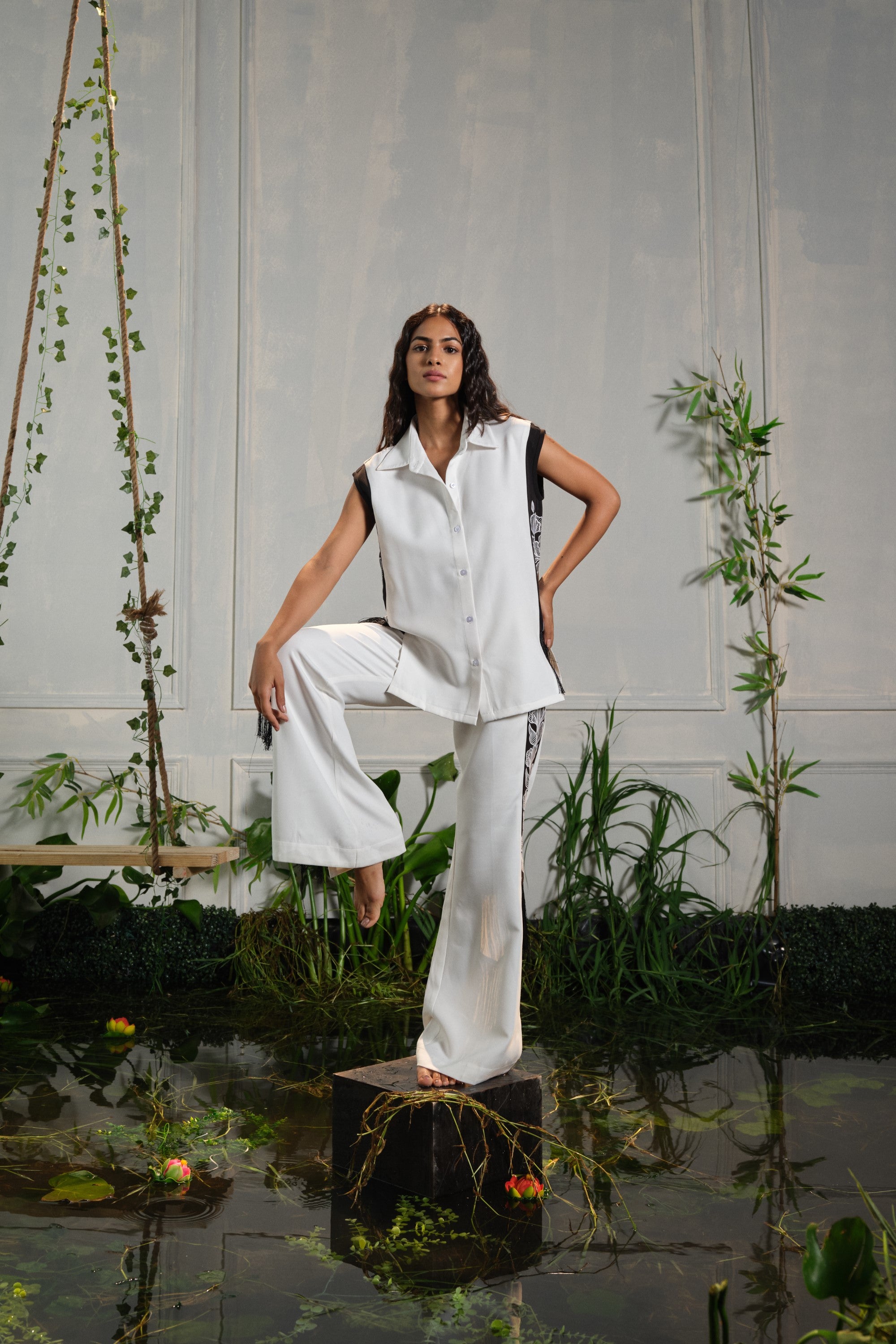 white cord with black caia embroidered set