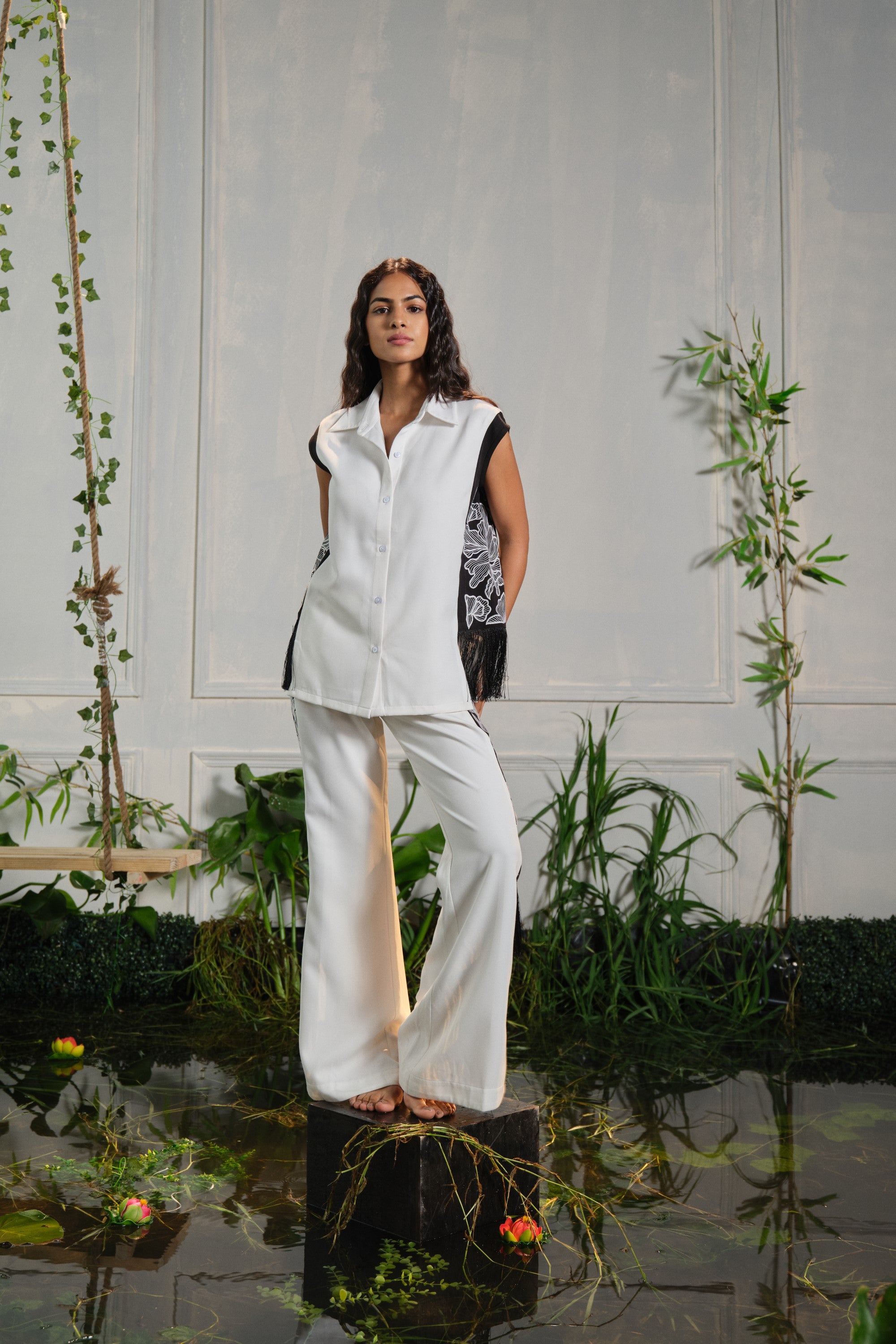 white cord with black caia embroidered set