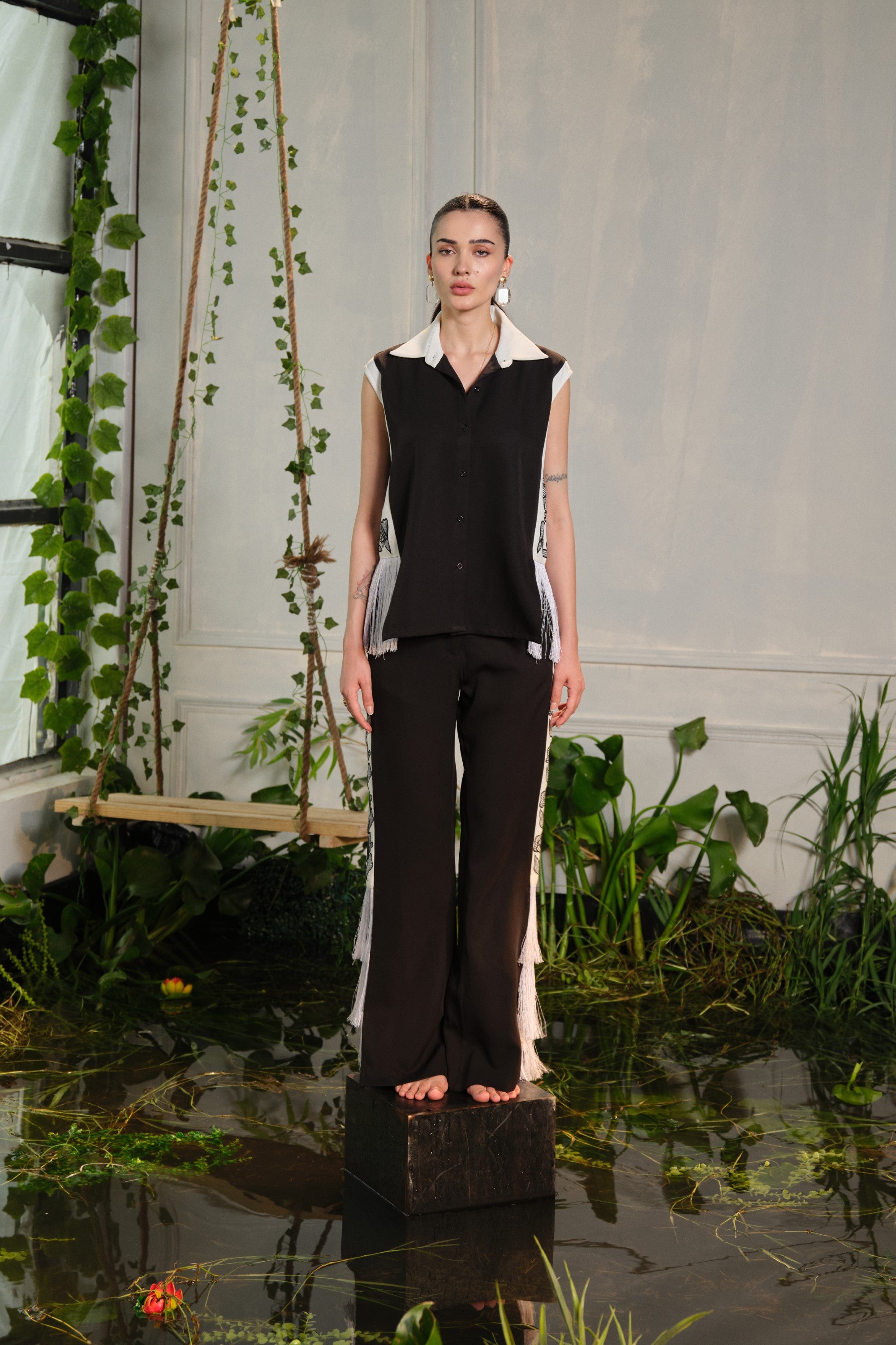 black cord with white caia embroidered set