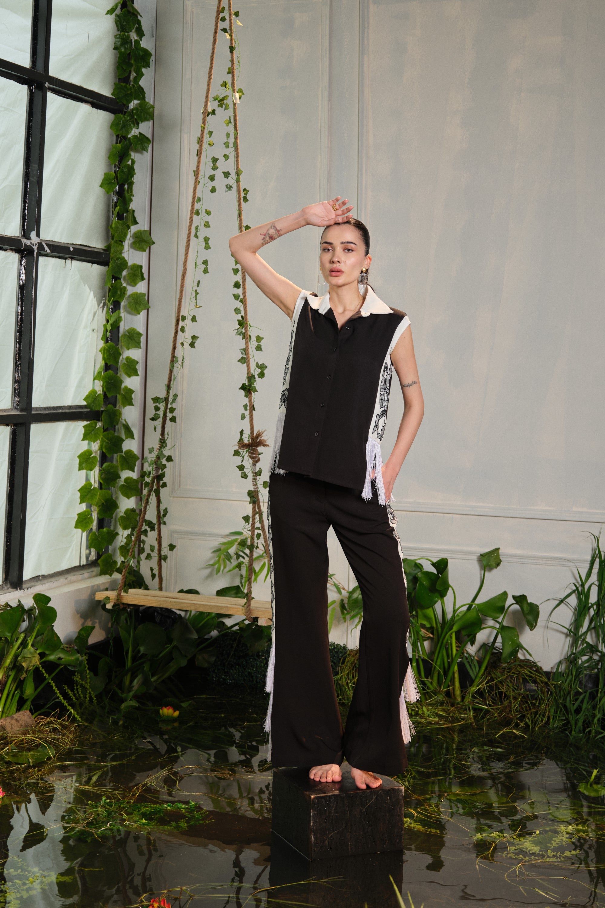 black cord with white caia embroidered set
