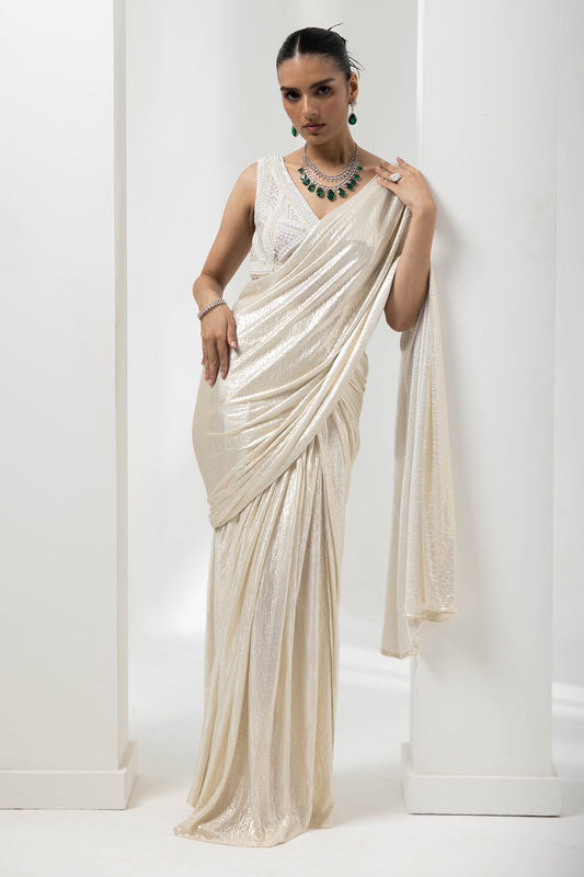 drape pre-stiched ivory metallic saree - handwork pearl crsytal blouse-ivory