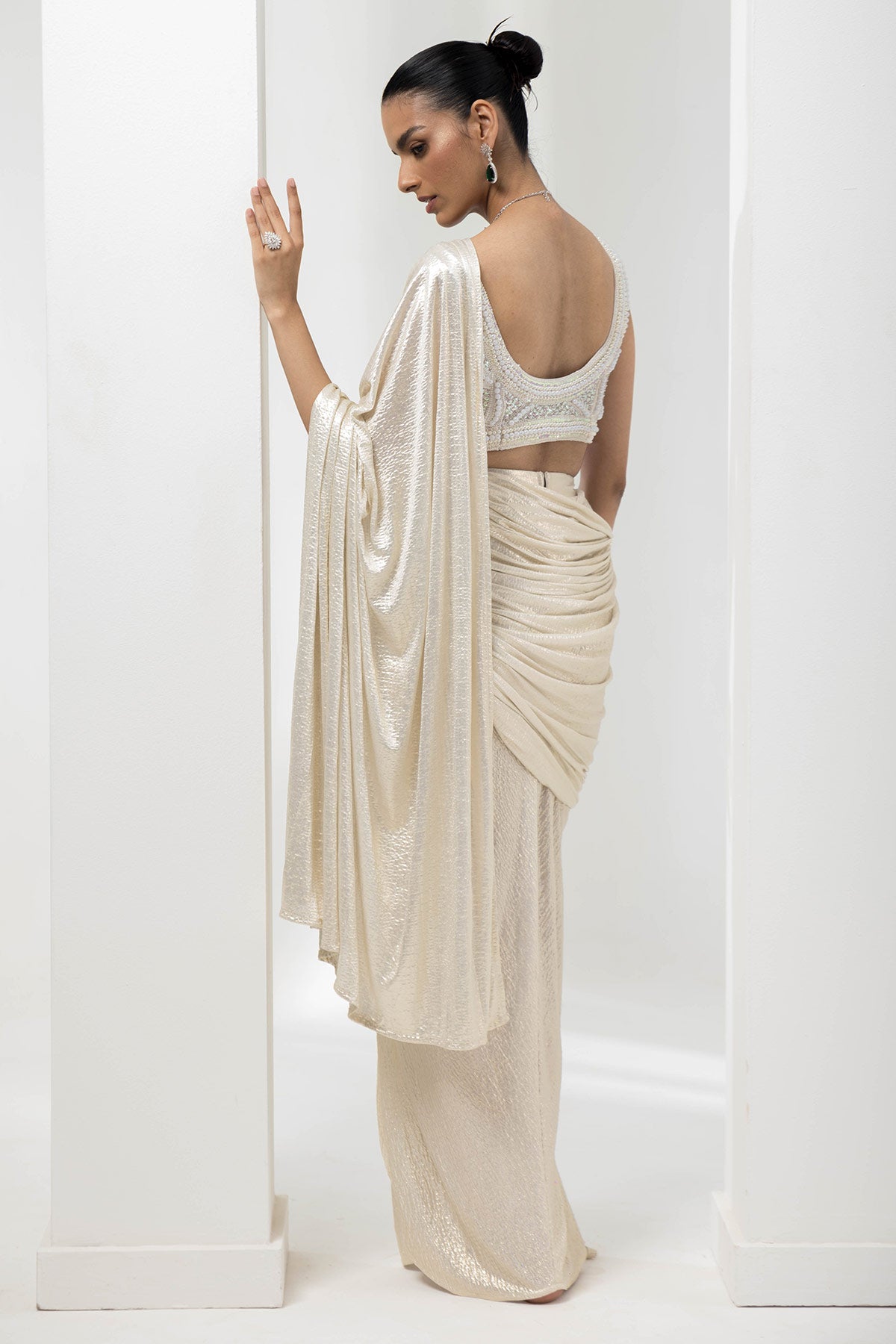 drape pre-stiched ivory metallic saree - handwork pearl crsytal blouse-ivory