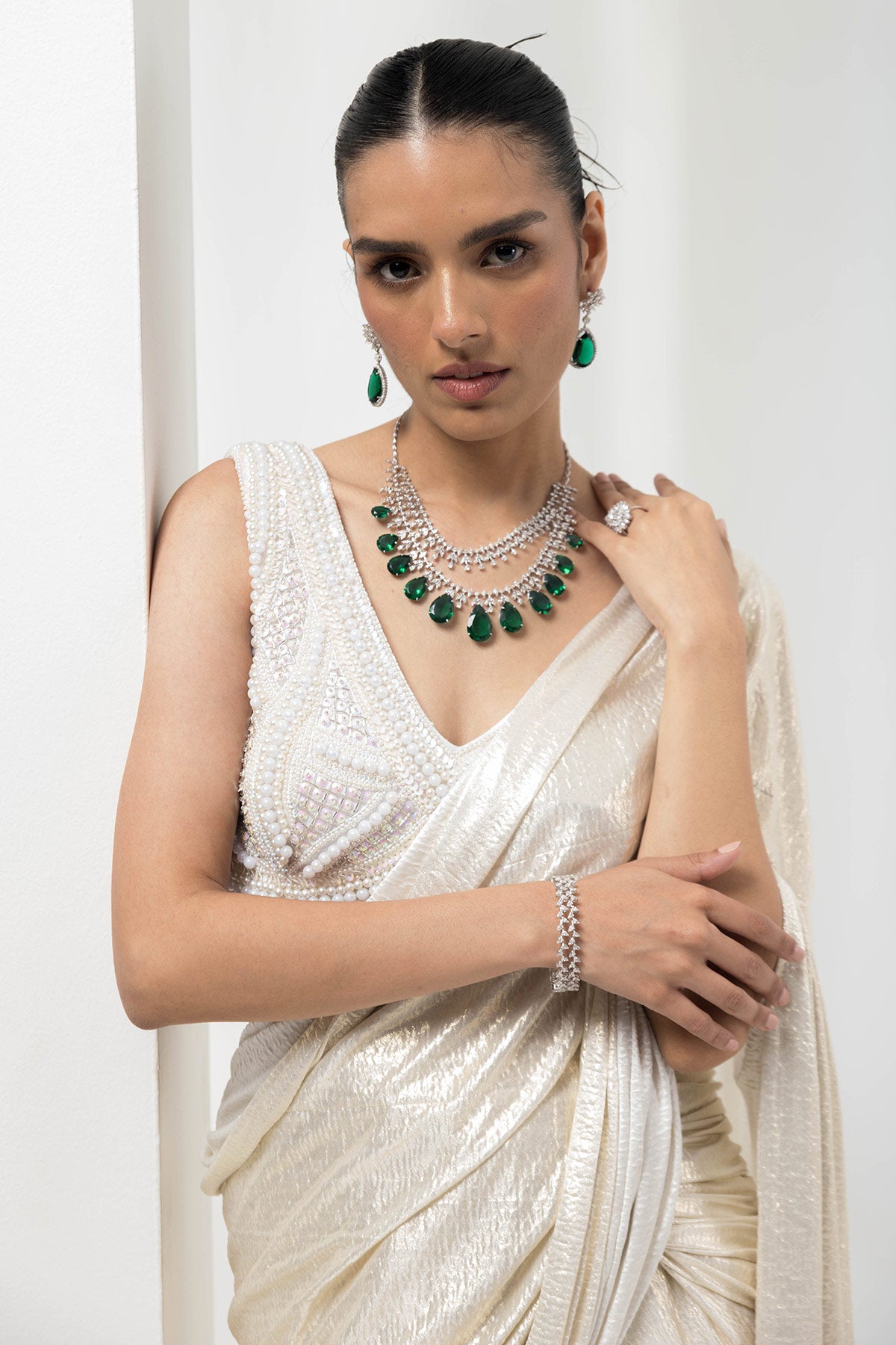 drape pre-stiched ivory metallic saree - handwork pearl crsytal blouse-ivory