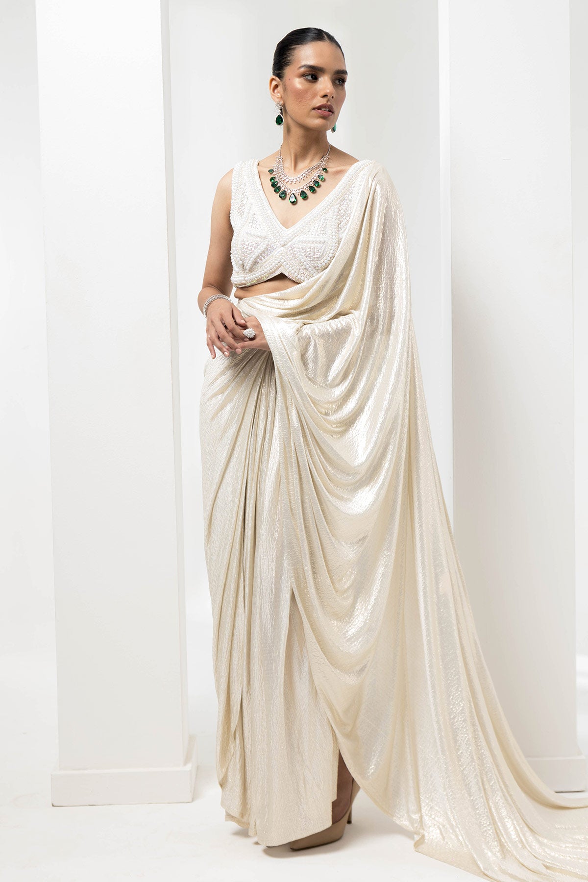 drape pre-stiched ivory metallic saree - handwork pearl crsytal blouse-ivory