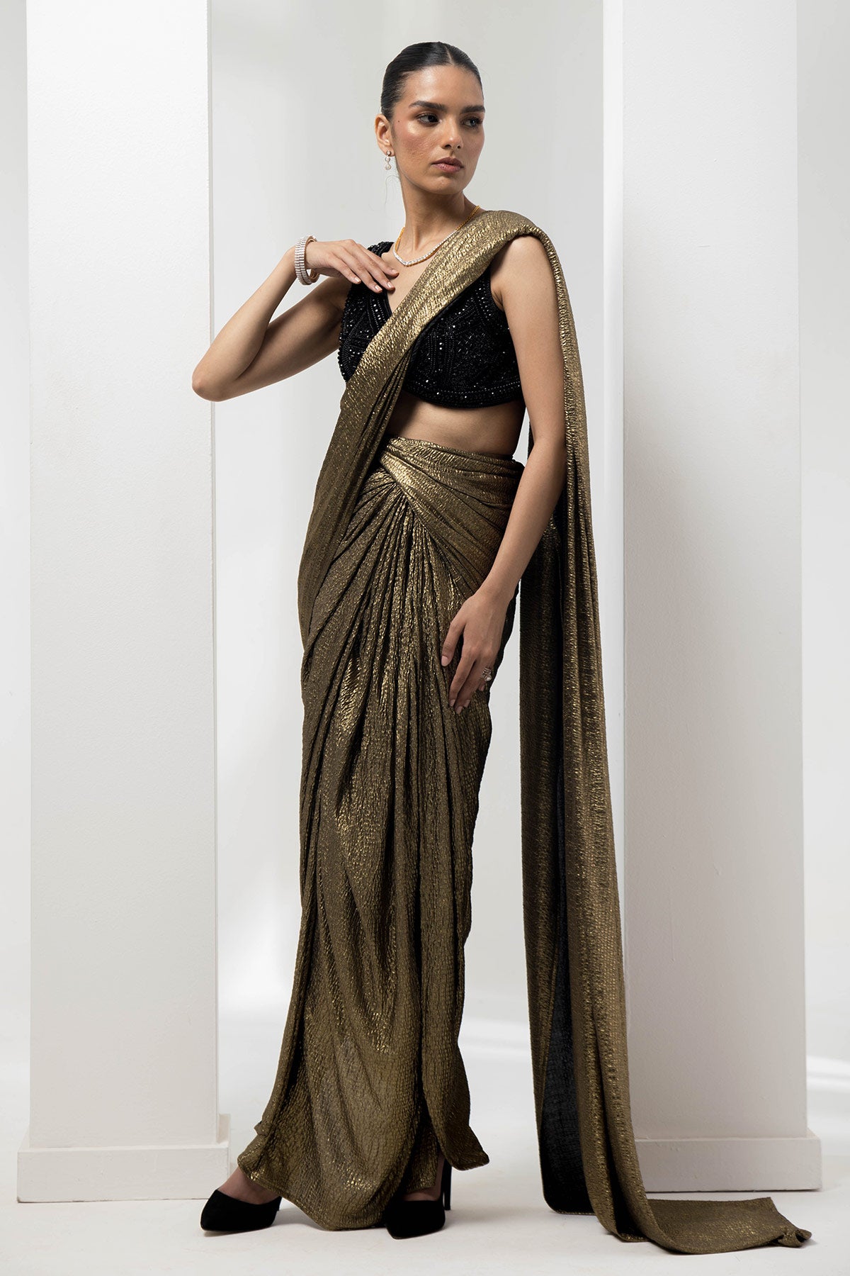 drape pre-stiched metallic saree - handwork pearl crsytal blouse-black gold