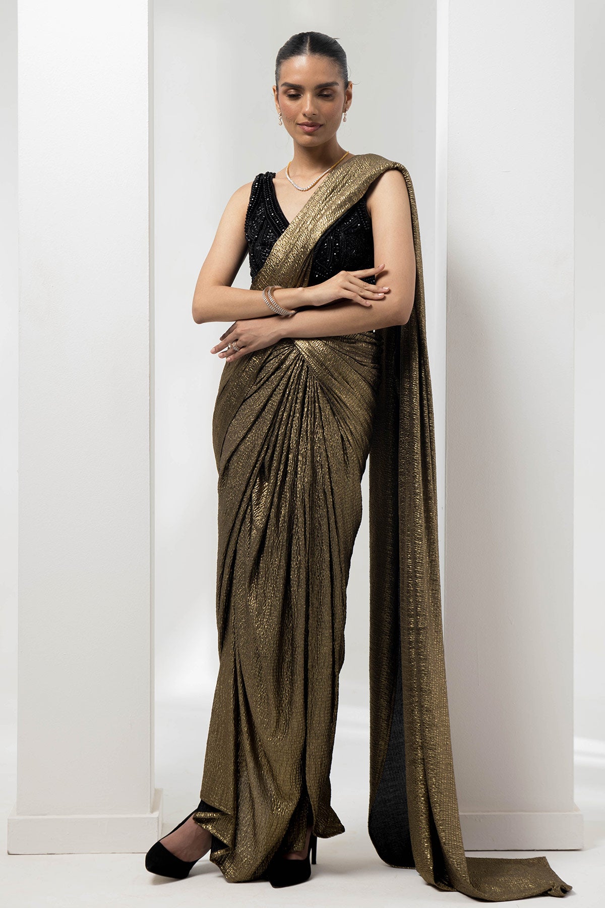 drape pre-stiched metallic saree - handwork pearl crsytal blouse-black gold