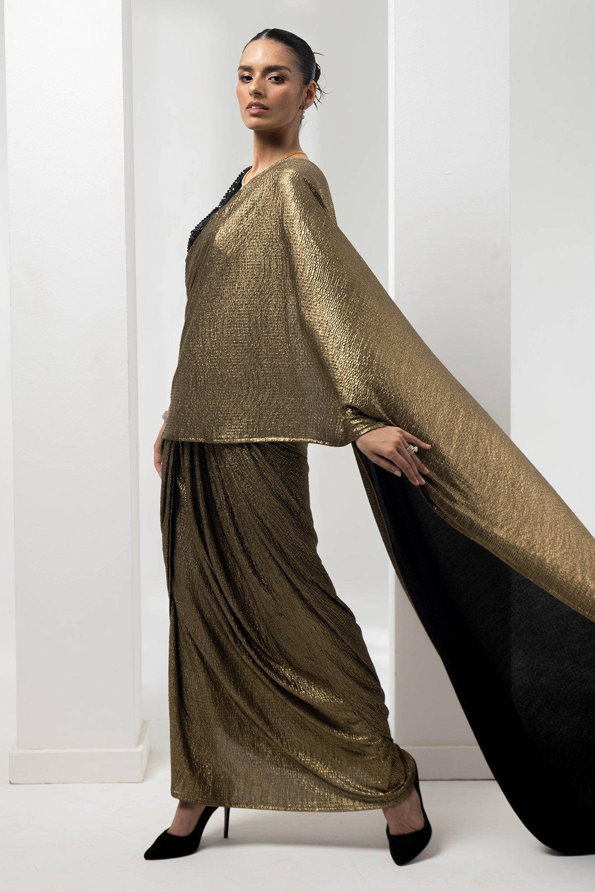 drape pre-stiched metallic saree - handwork pearl crsytal blouse-black gold