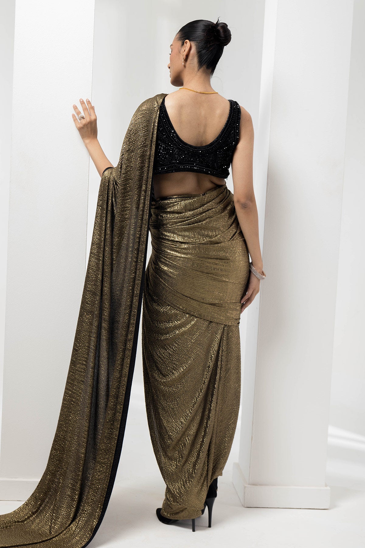 drape pre-stiched metallic saree - handwork pearl crsytal blouse-black gold