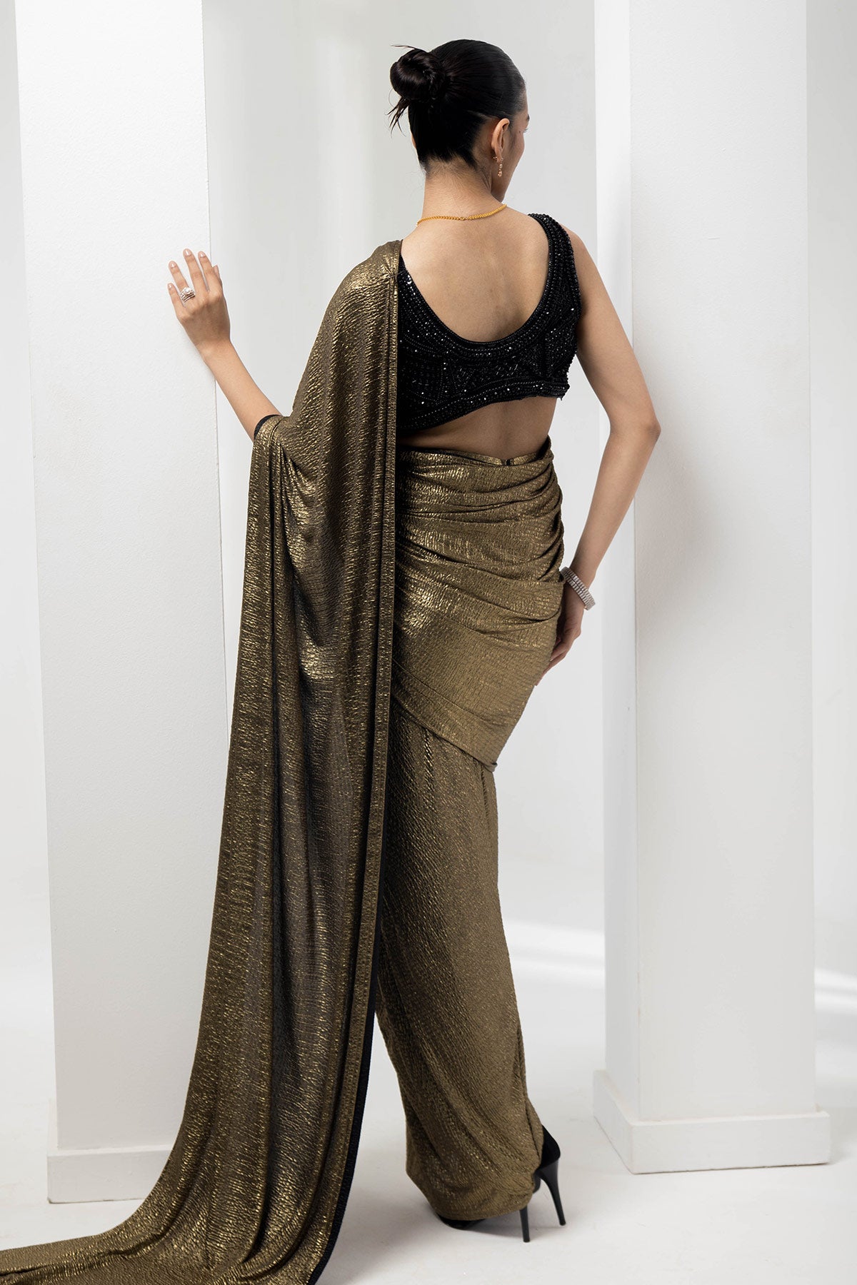 drape pre-stiched metallic saree - handwork pearl crsytal blouse-black gold
