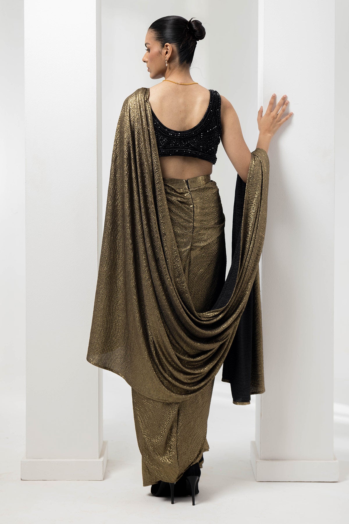 drape pre-stiched metallic saree - handwork pearl crsytal blouse-black gold
