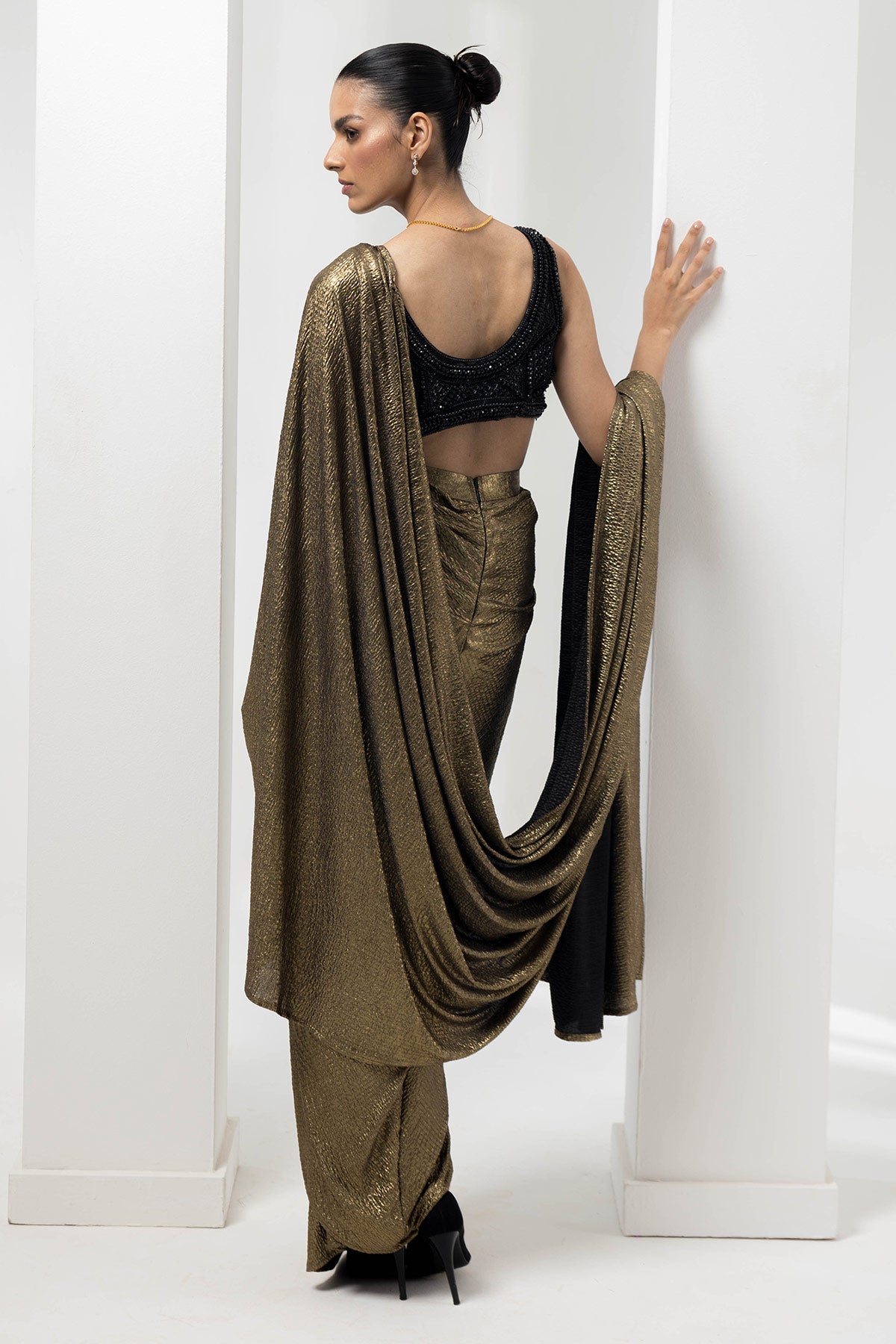 drape pre-stiched metallic saree - handwork pearl crsytal blouse-black gold