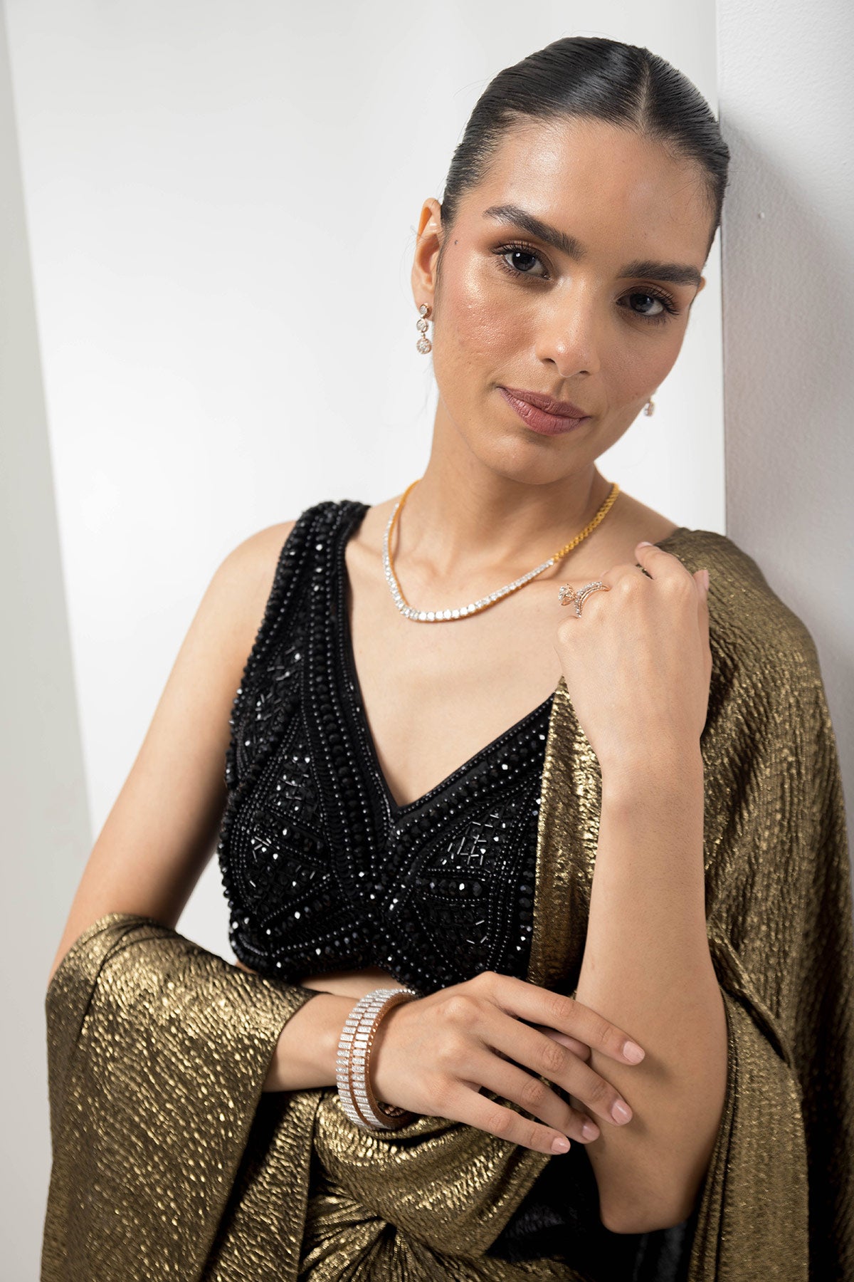 drape pre-stiched metallic saree - handwork pearl crsytal blouse-black gold
