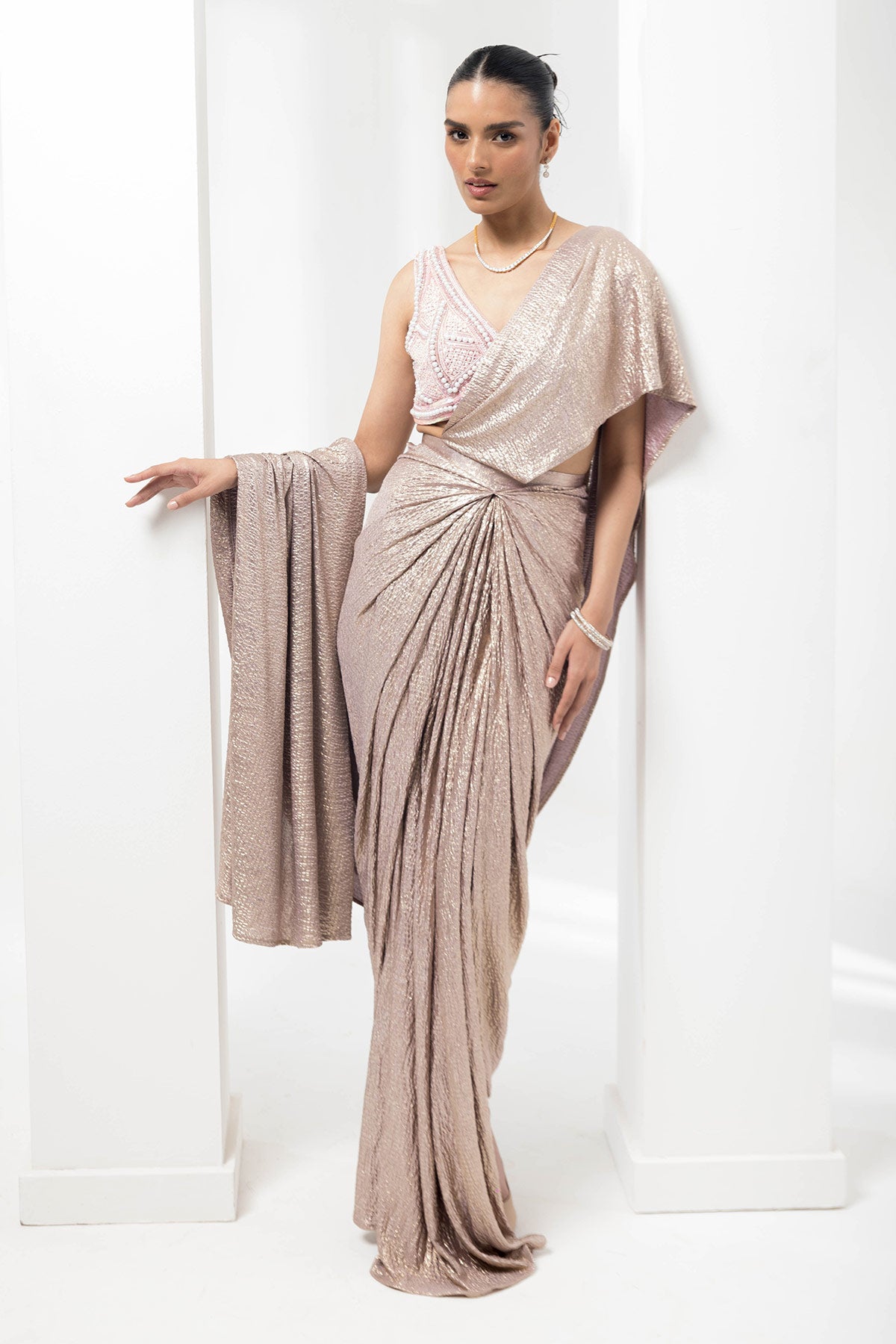 drape pre-stiched  metallic saree - handwork pearl crsytal blouse-black rose gold