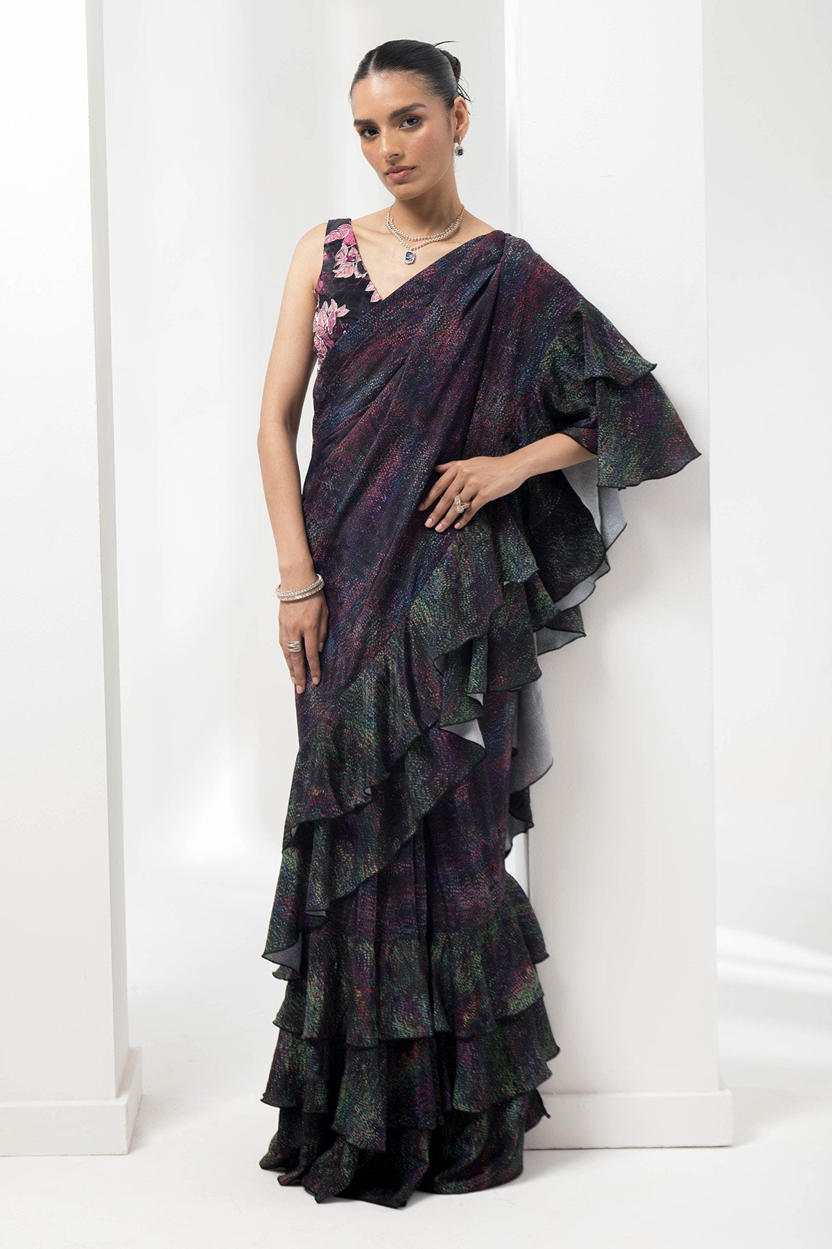 wave-ruffled pre-stiched saree with flauna highlighting blouse