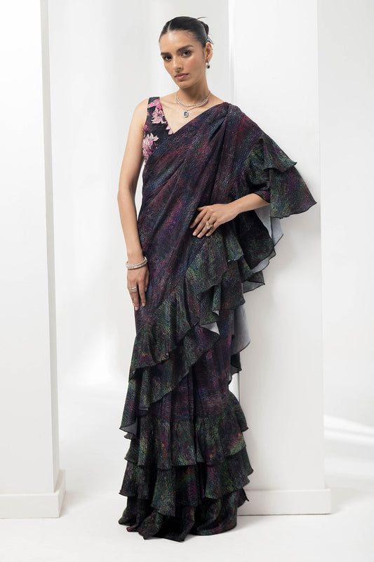 wave-ruffled pre-stiched saree with flauna highlighting blouse