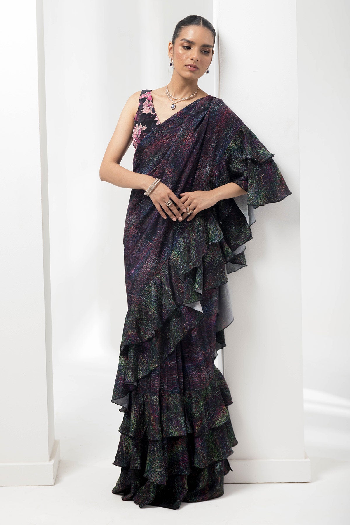 wave-ruffled pre-stiched saree with flauna highlighting blouse