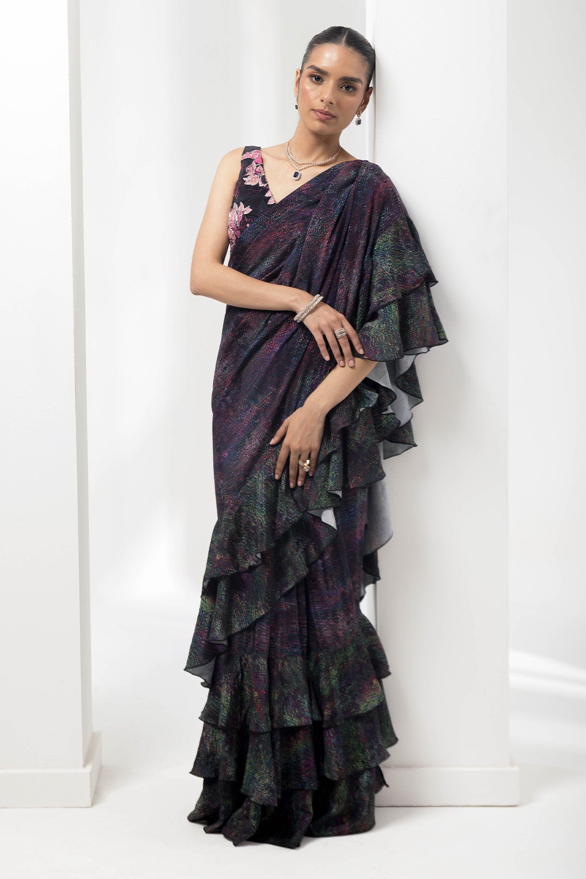 wave-ruffled pre-stiched saree with flauna highlighting blouse