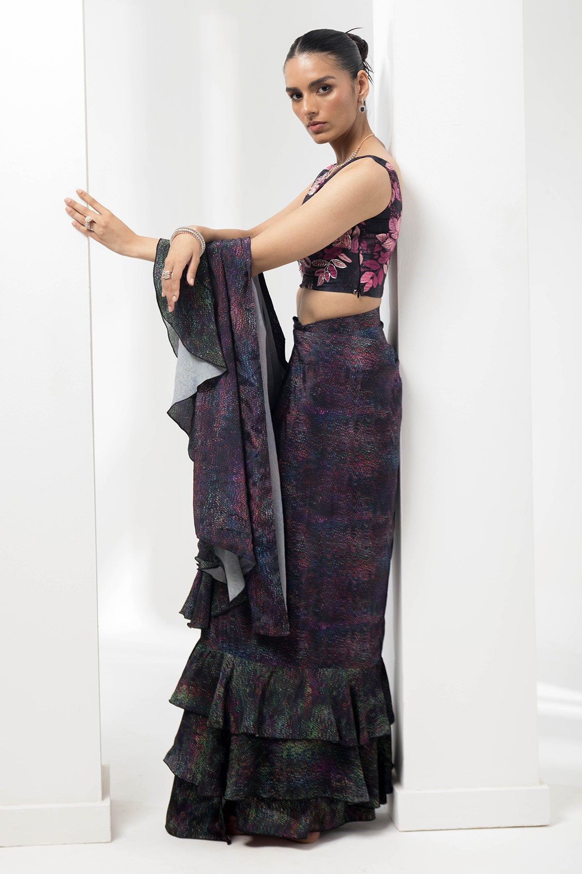 wave-ruffled pre-stiched saree with flauna highlighting blouse