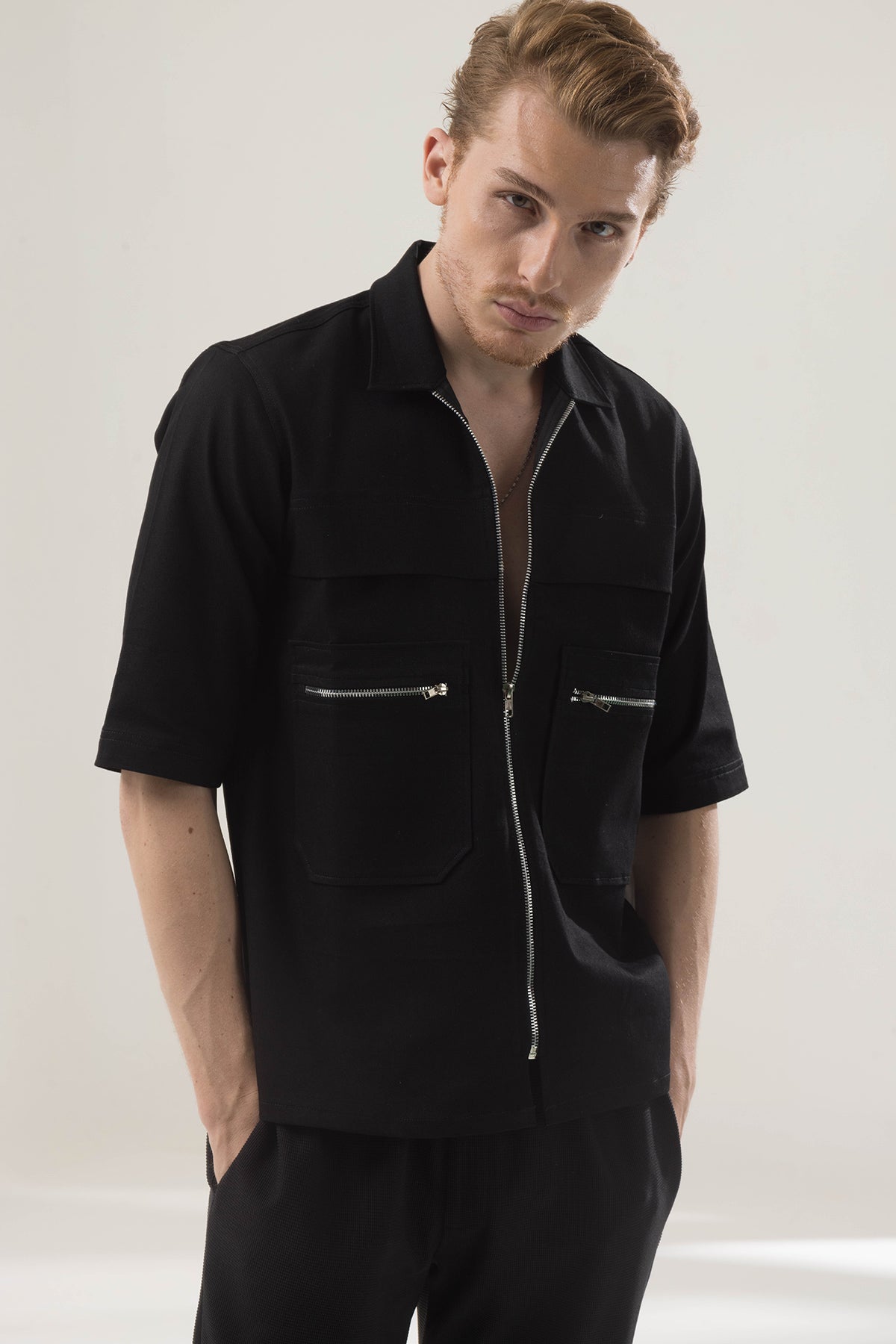 Zipper-denim shirt