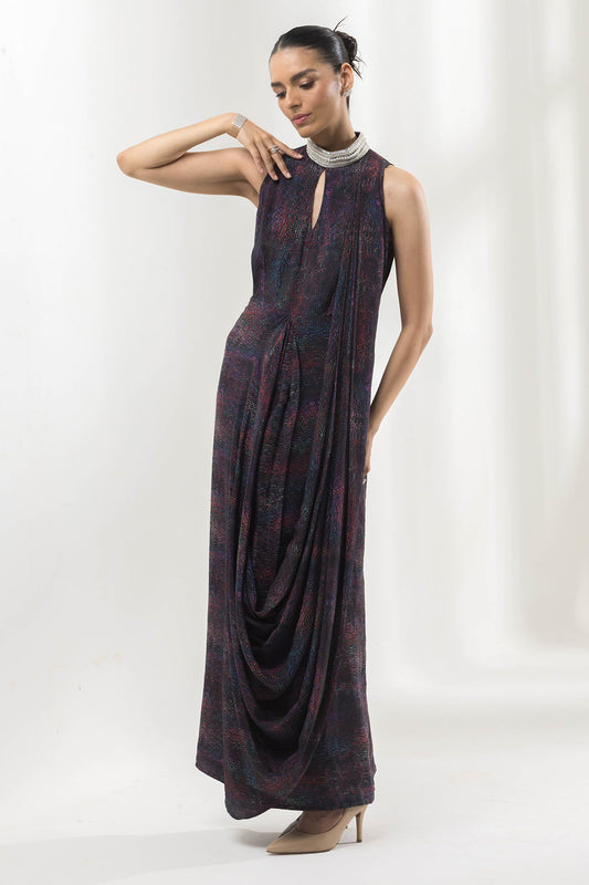 Wave-texture drape dress with pearl collar