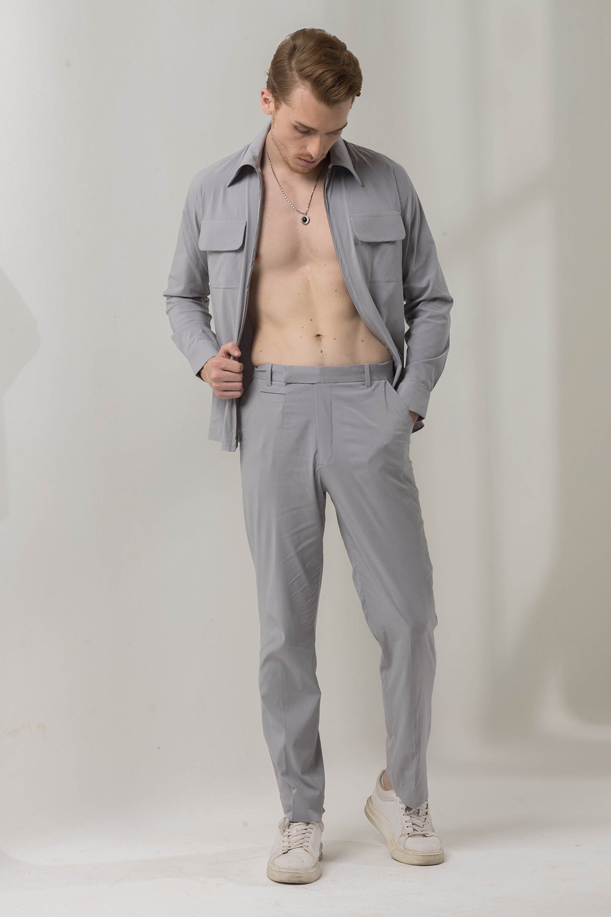 Grey-zipper shirt coord set