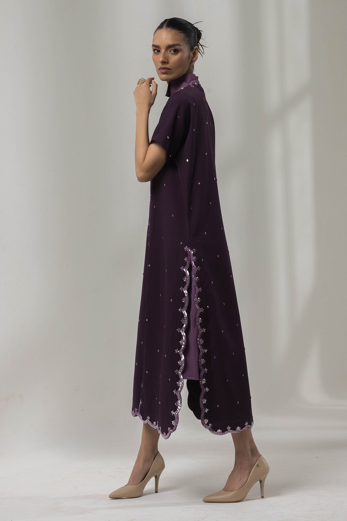 laven-scalloped embellished cape dress
