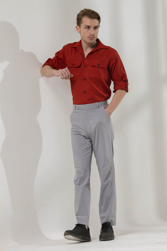Rust orange shirt with classic grey trousers