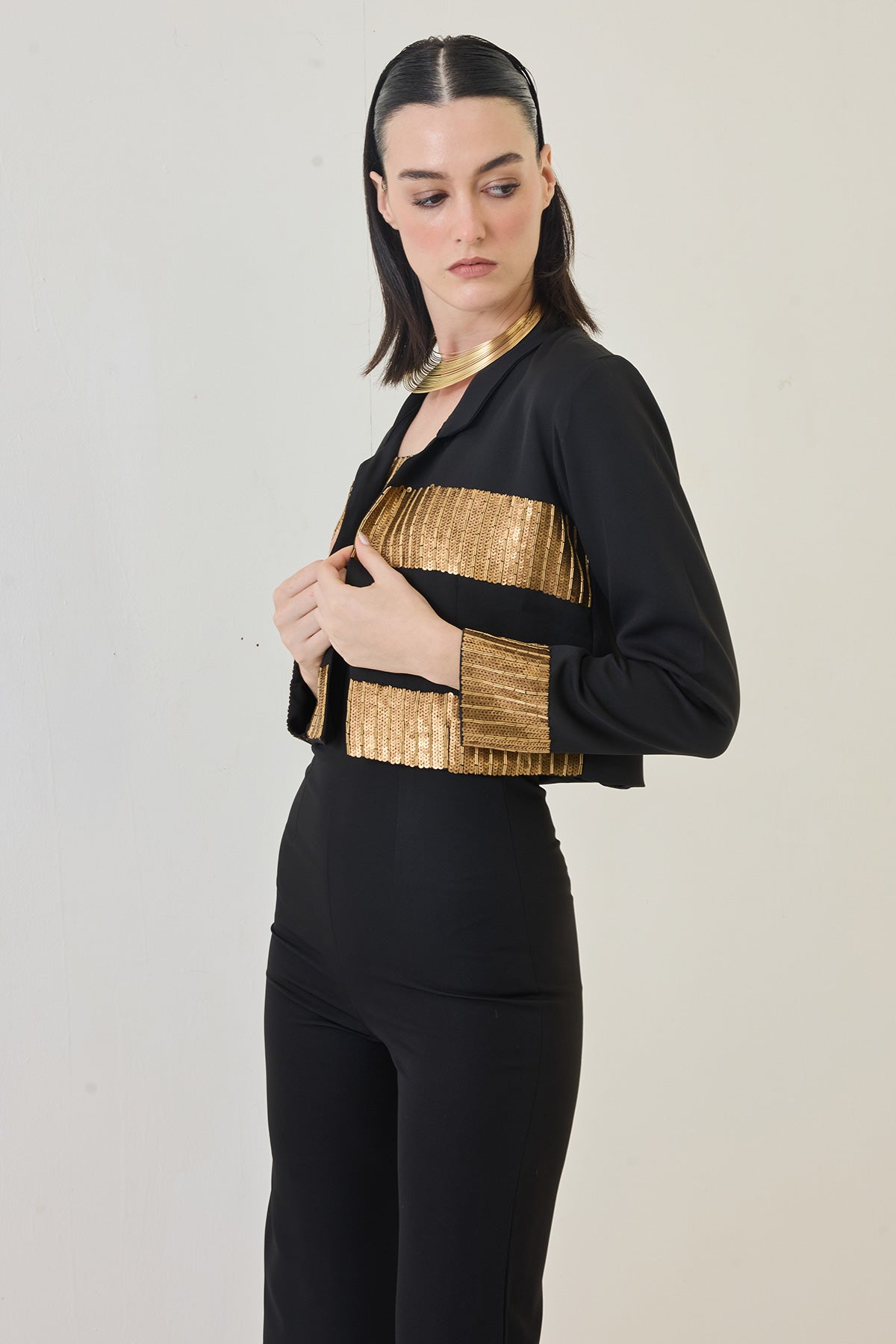 copper gold yollk jumpsuit with bolero jacket