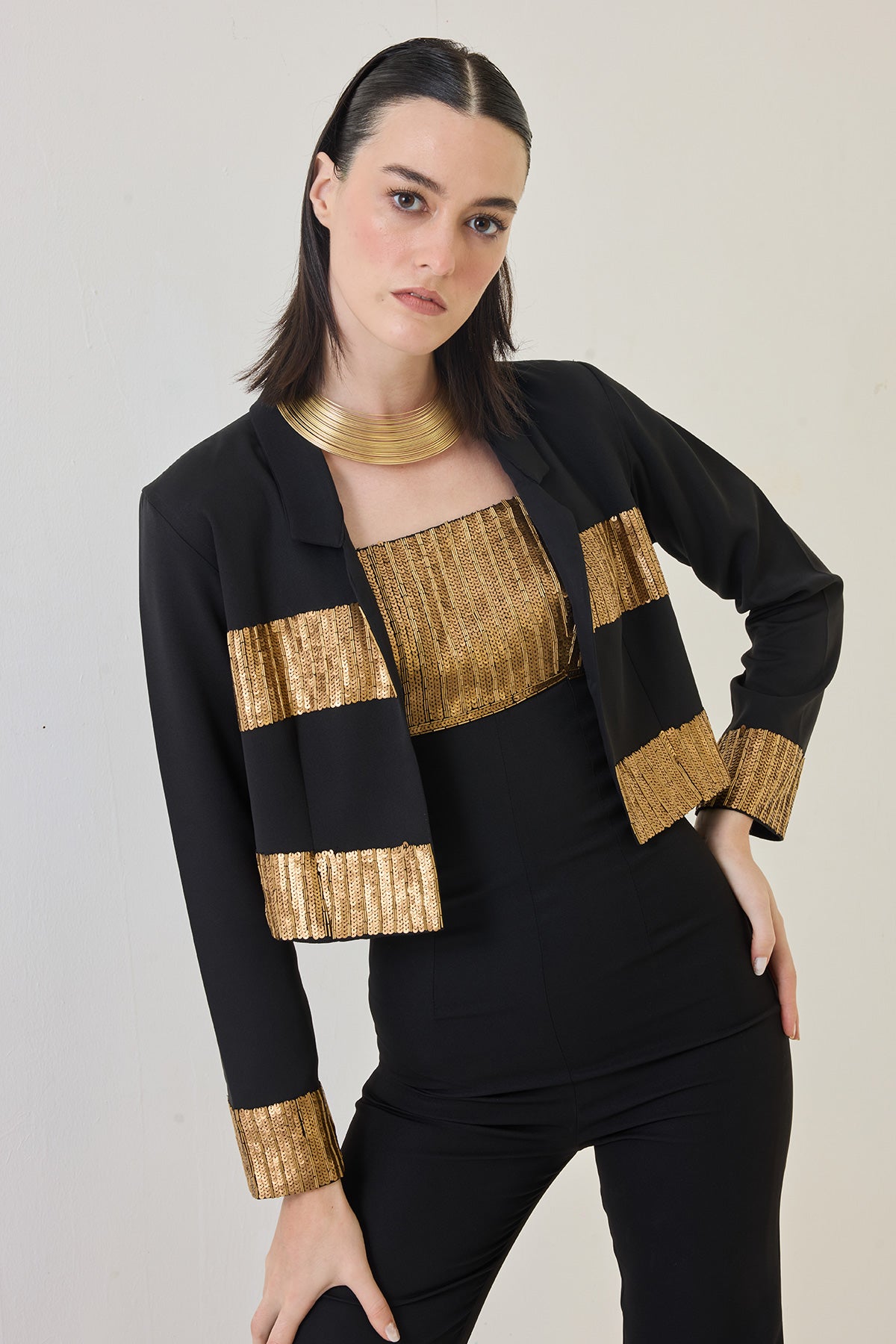 copper gold yollk jumpsuit with bolero jacket