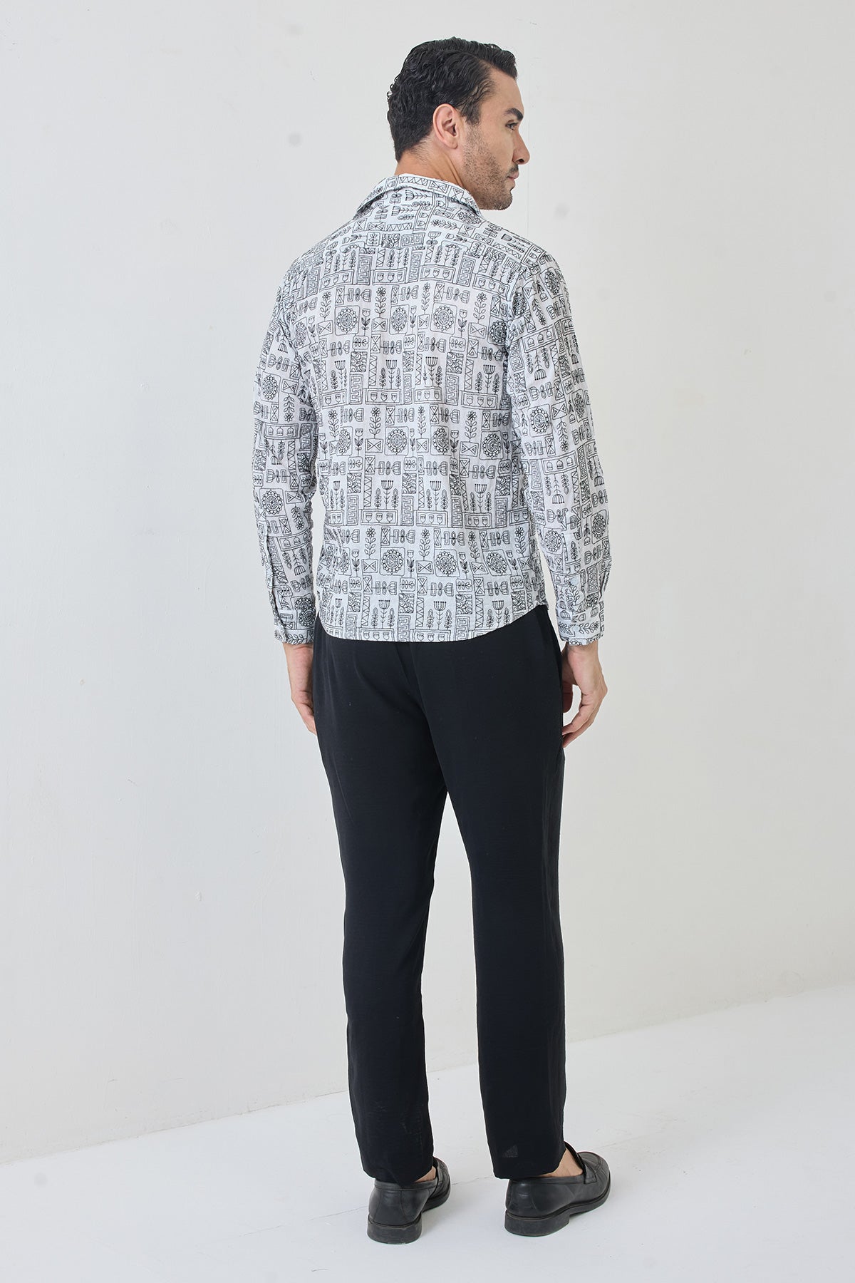 Black-white Embroidered Shirt With Linen Pants