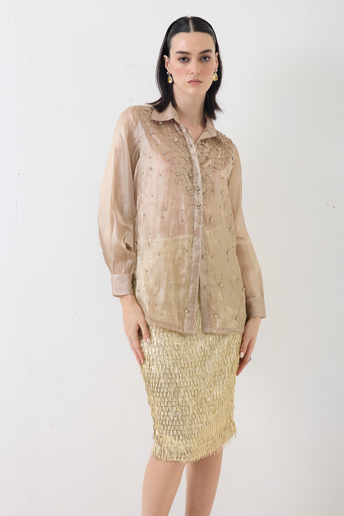 diamond work organza shirt with sequence tassel skirt-gold