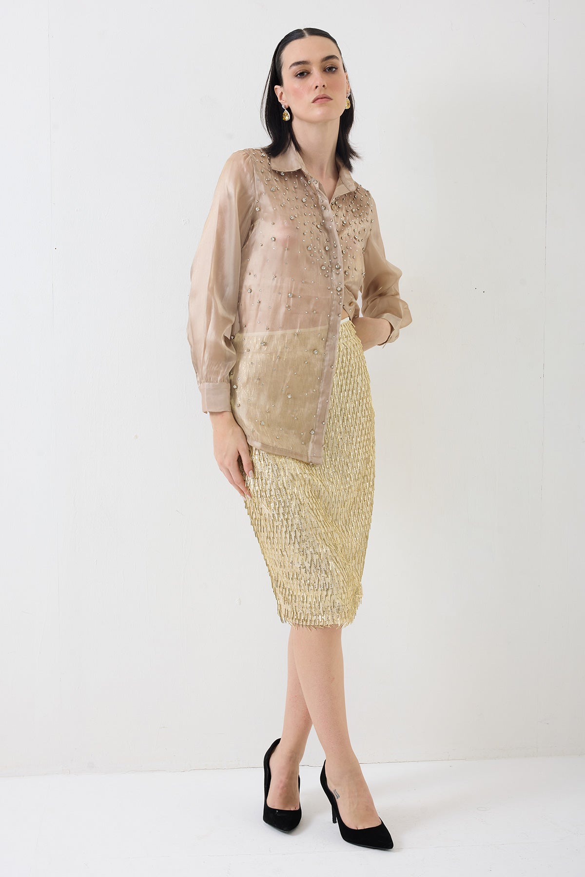 diamond work organza shirt with sequence tassel skirt-gold