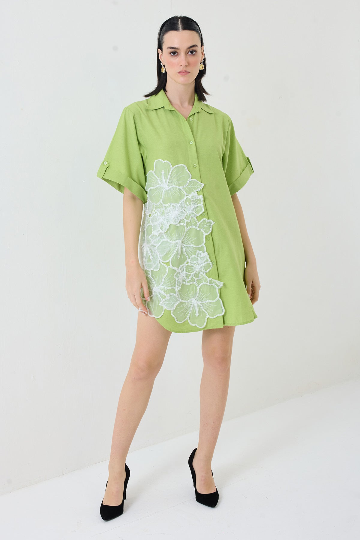 linen-lime green flower work dress