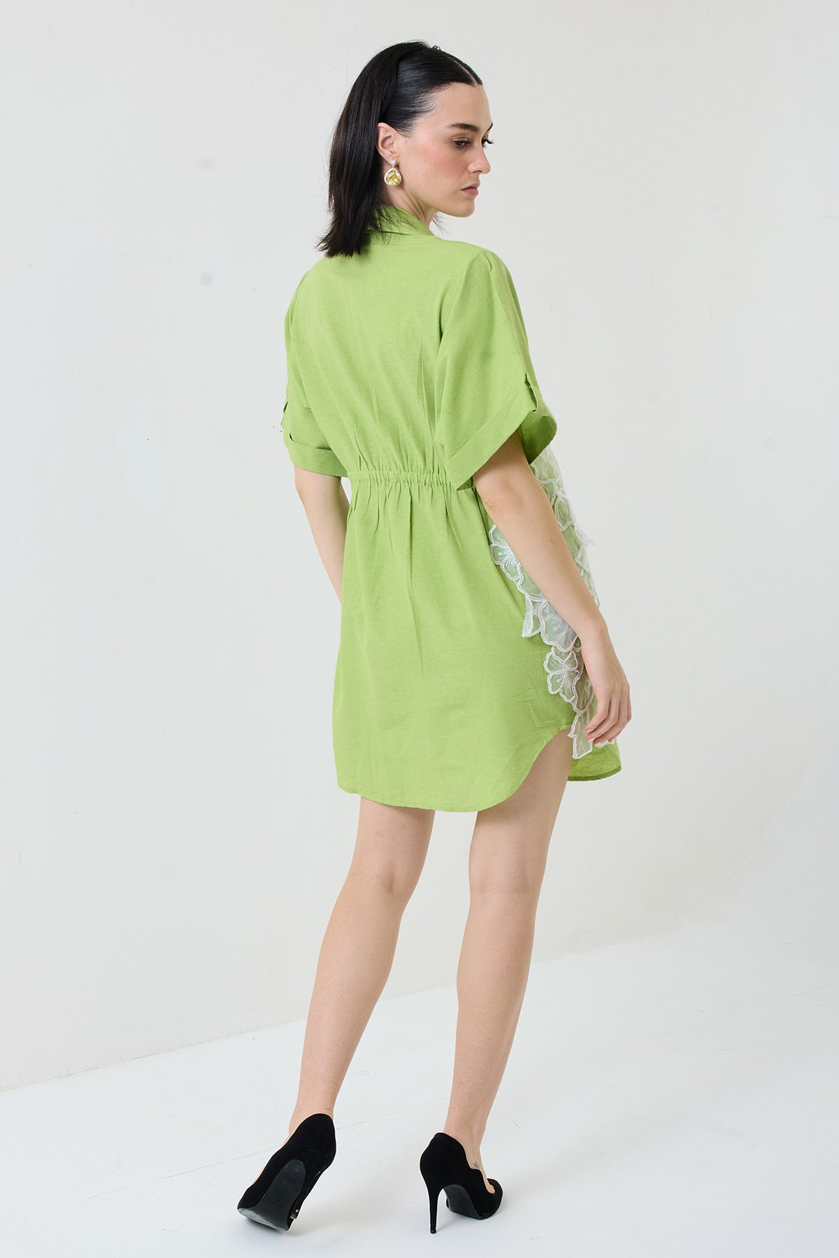 linen-lime green flower work dress