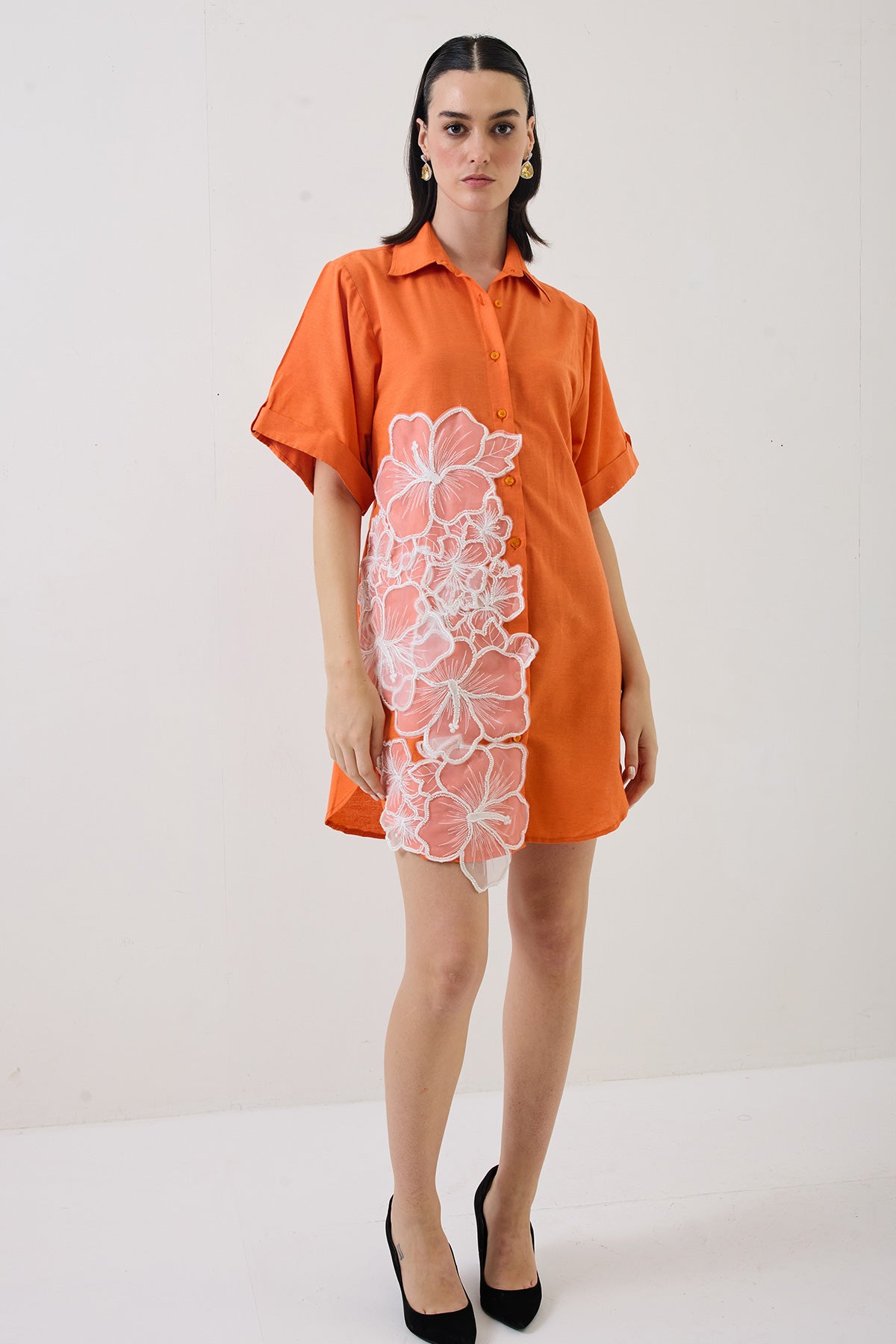 neon orange flower work dress