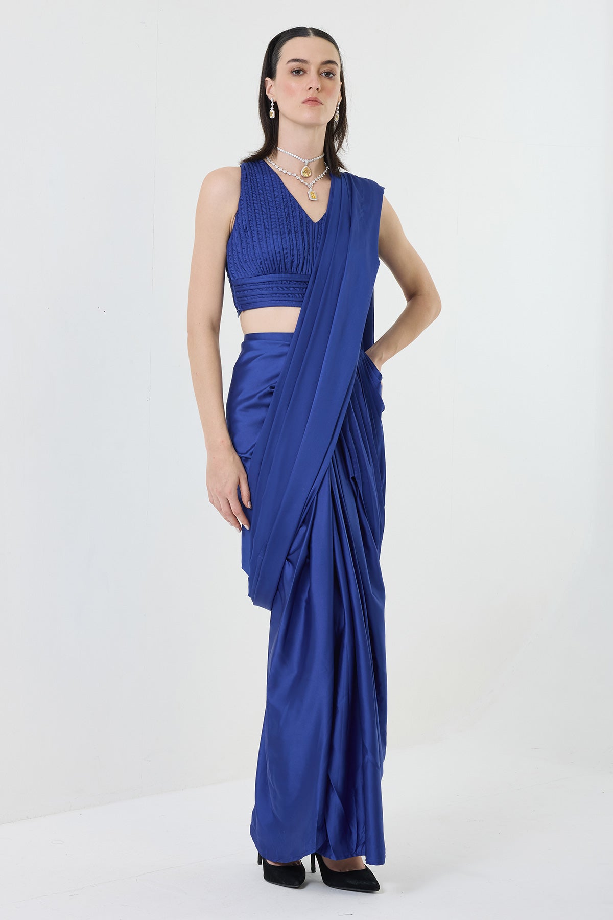 pre-stiched drape saree with dori blouse -elec-blue