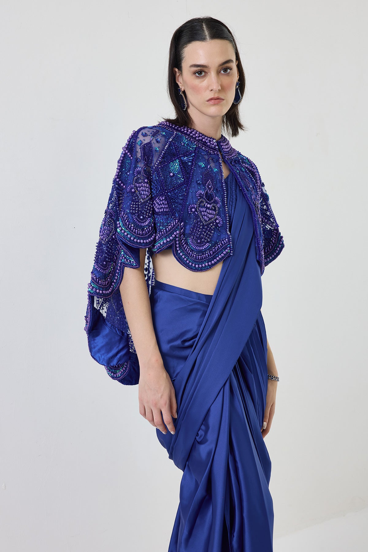 pre-stiched drape saree with dori blouse with cape blue