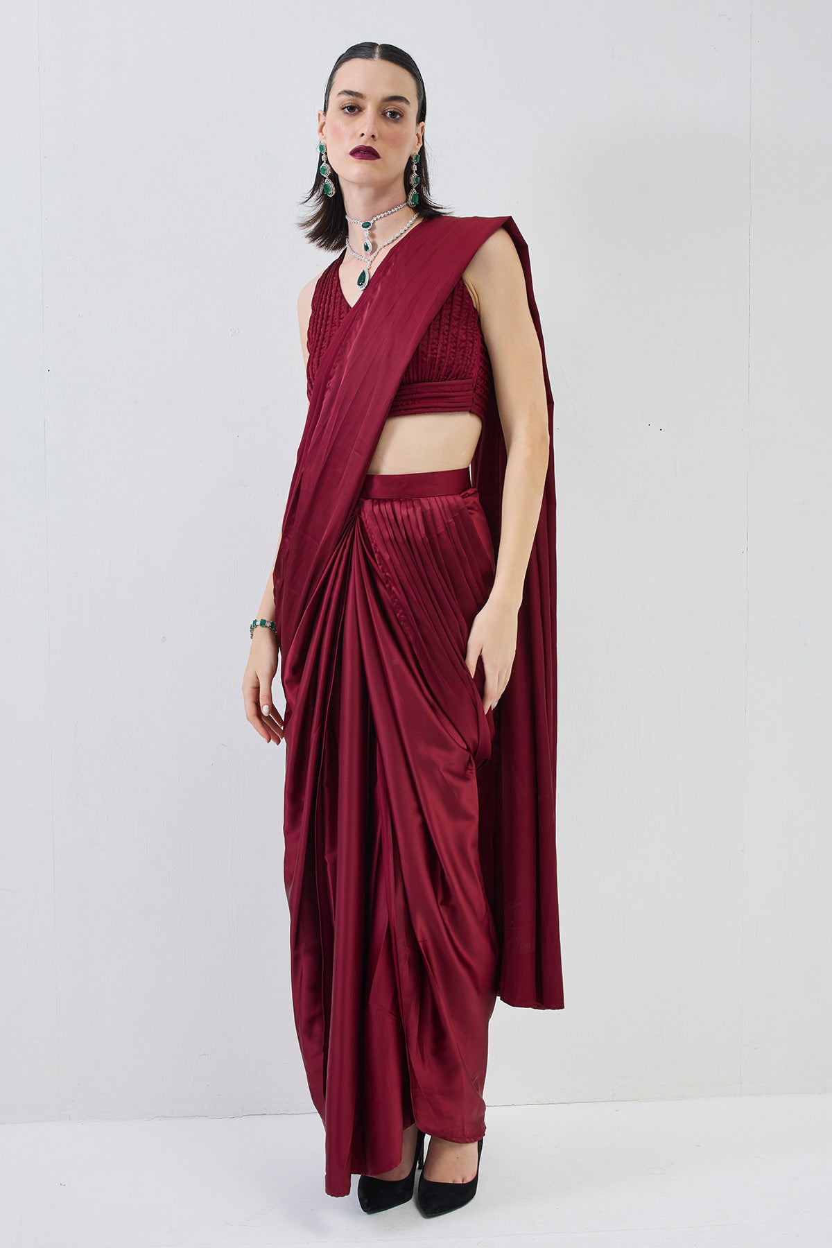 pre-stiched drape saree with dori blouse -maroon red