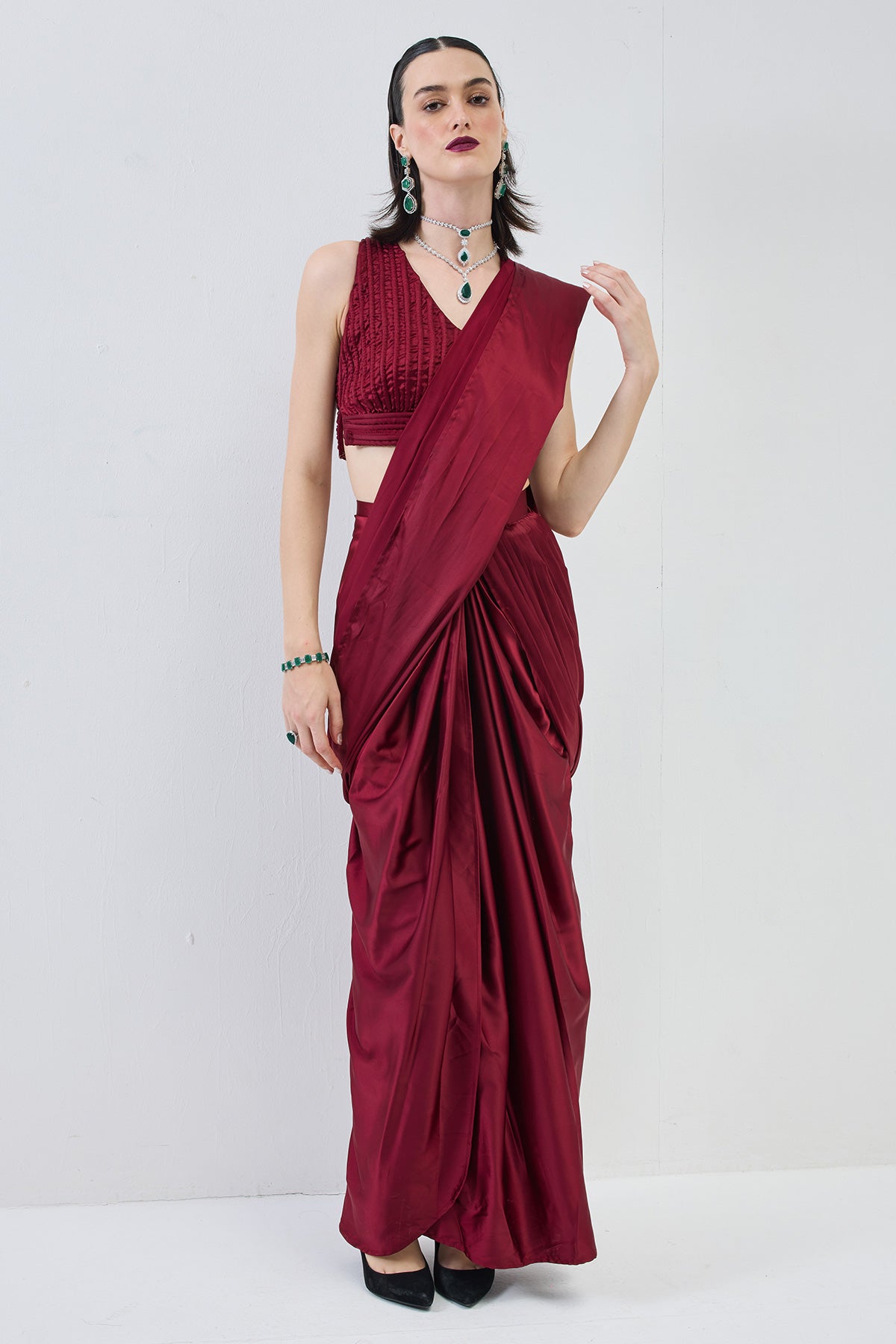 pre-stiched drape saree with dori blouse -maroon red