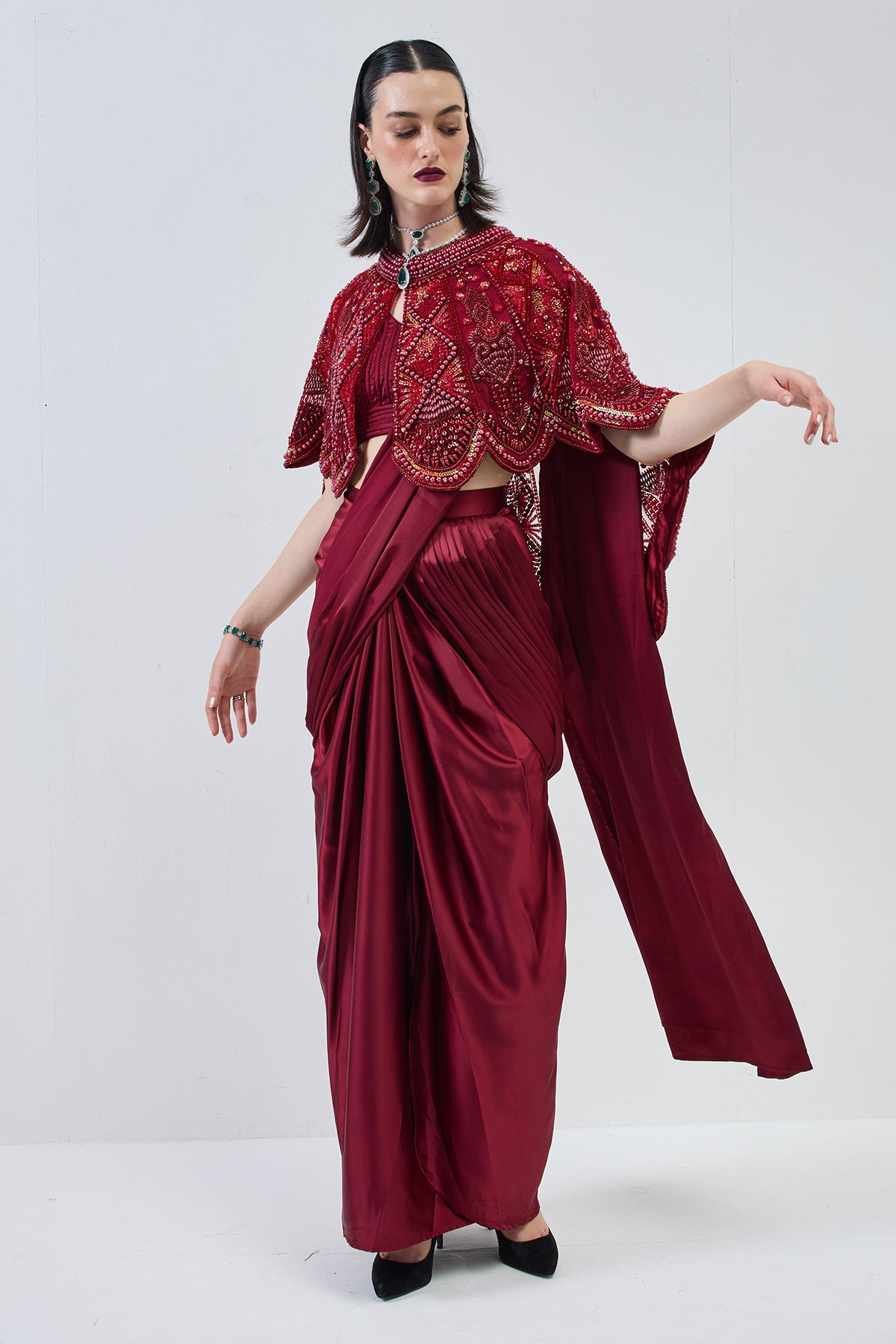 pre-stiched drape saree with dori blouse with cape-maroon red