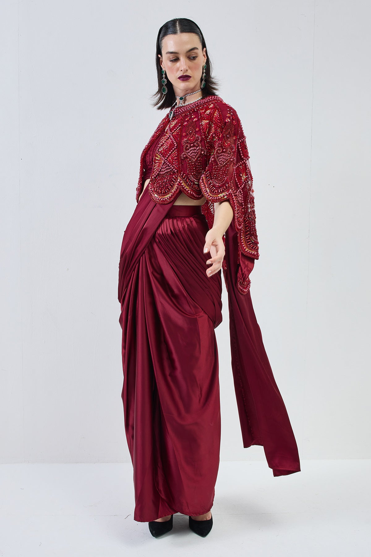 pre-stiched drape saree with dori blouse with cape-maroon red